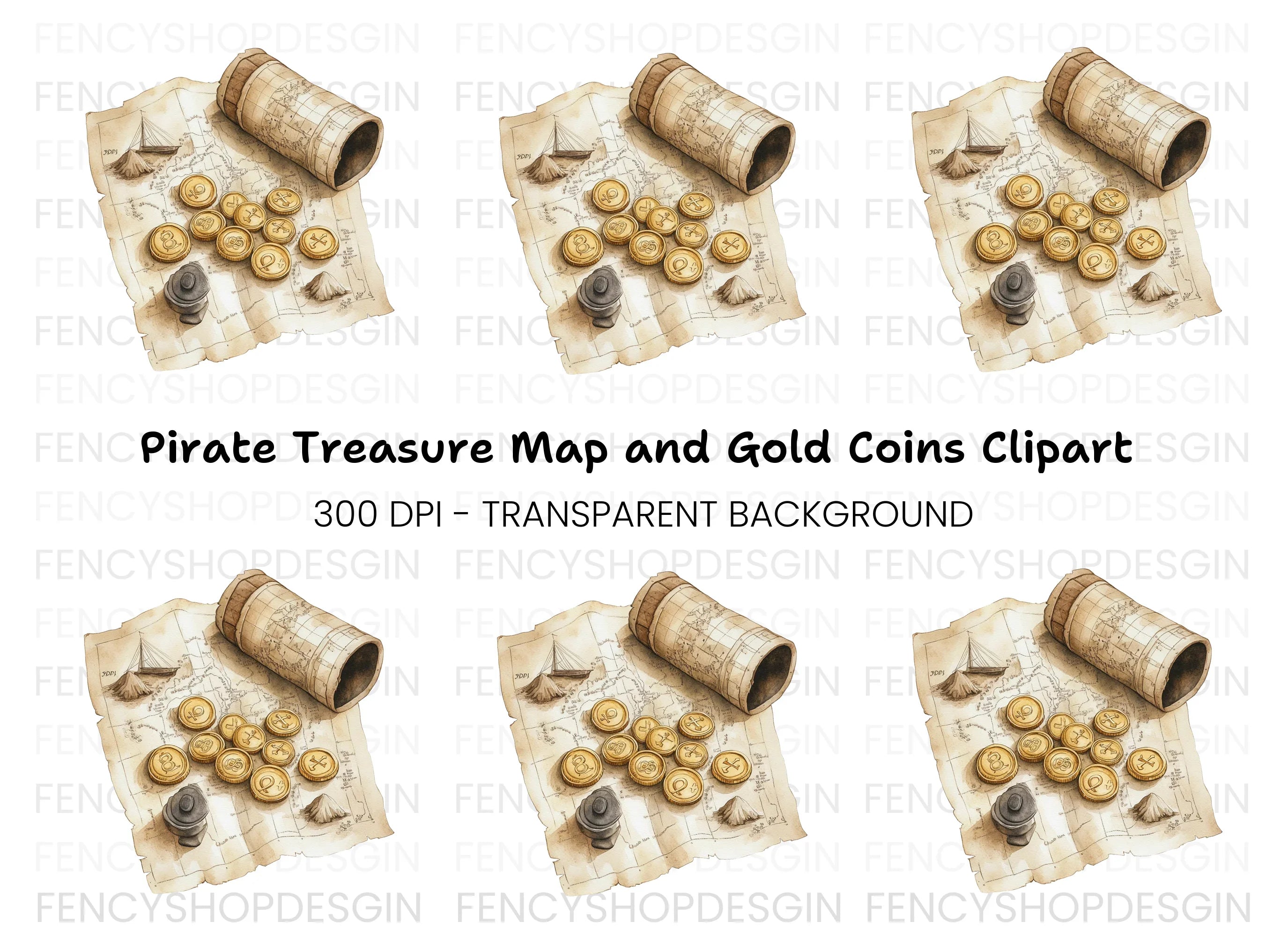 Rolled Map and Coins Clipart Bundle