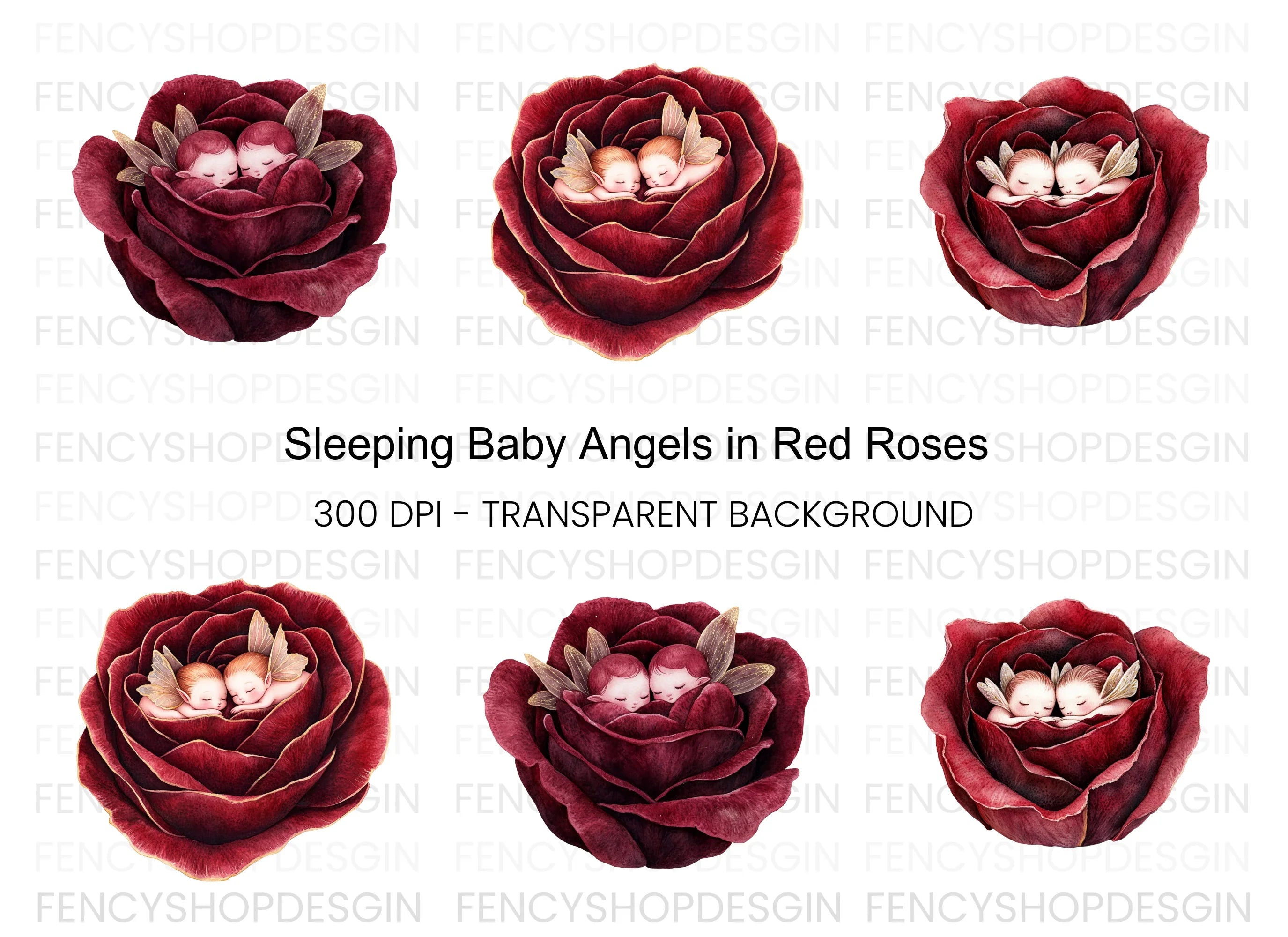 Sleeping Cherubs in Red Rose Clipart Bundle