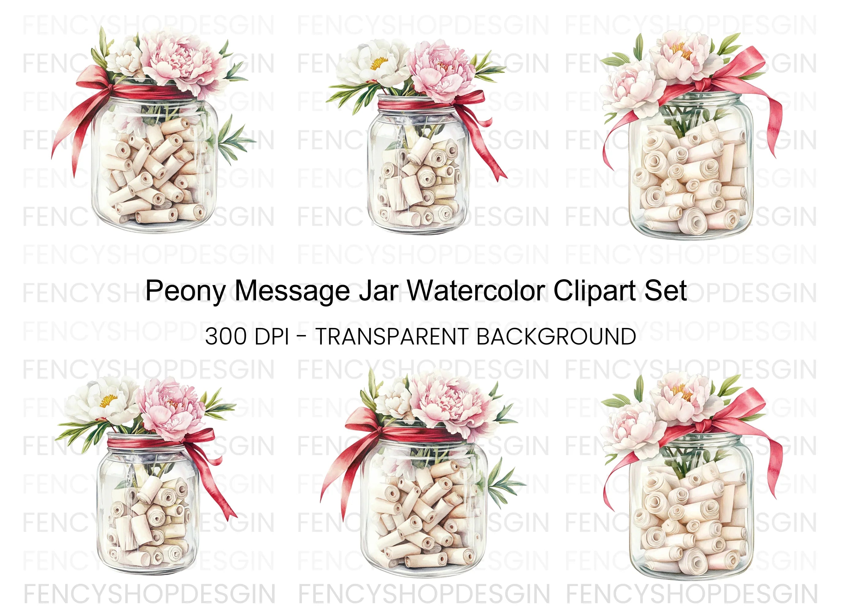 Peony and Message Jar Clipart Bundle