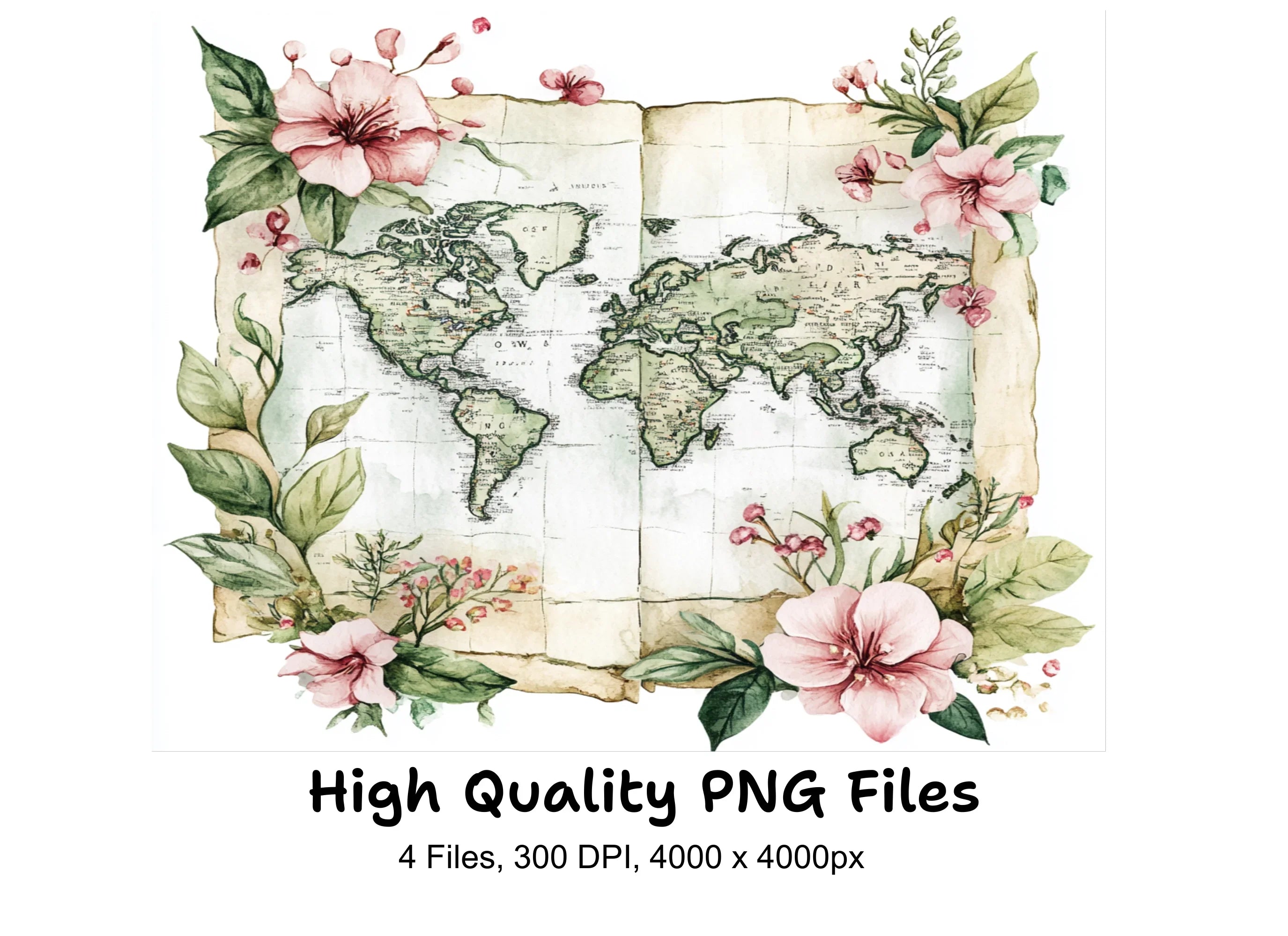 Vintage Floral World Map Clipart Bundle