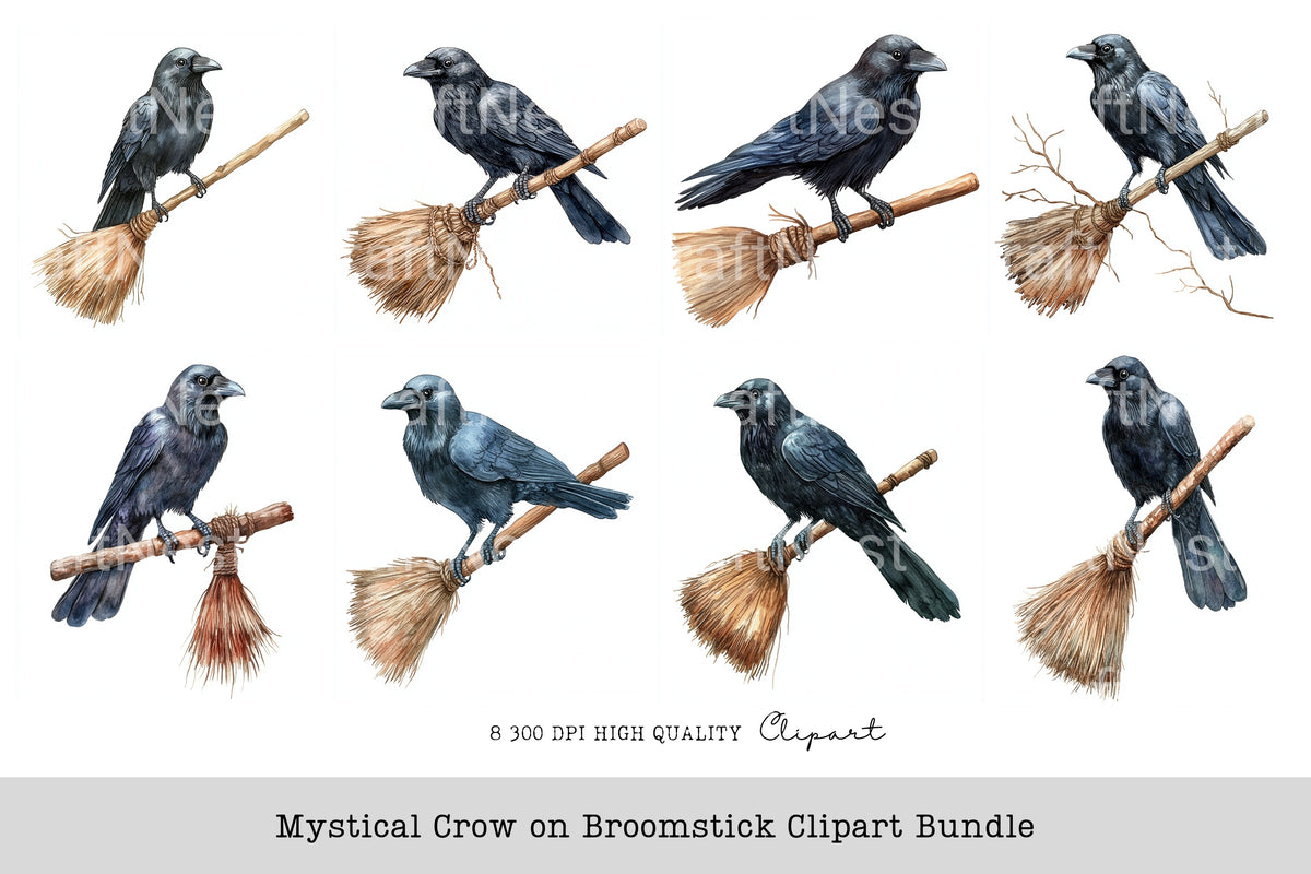 Mystical Crow On Broomstick Clipart Bundle