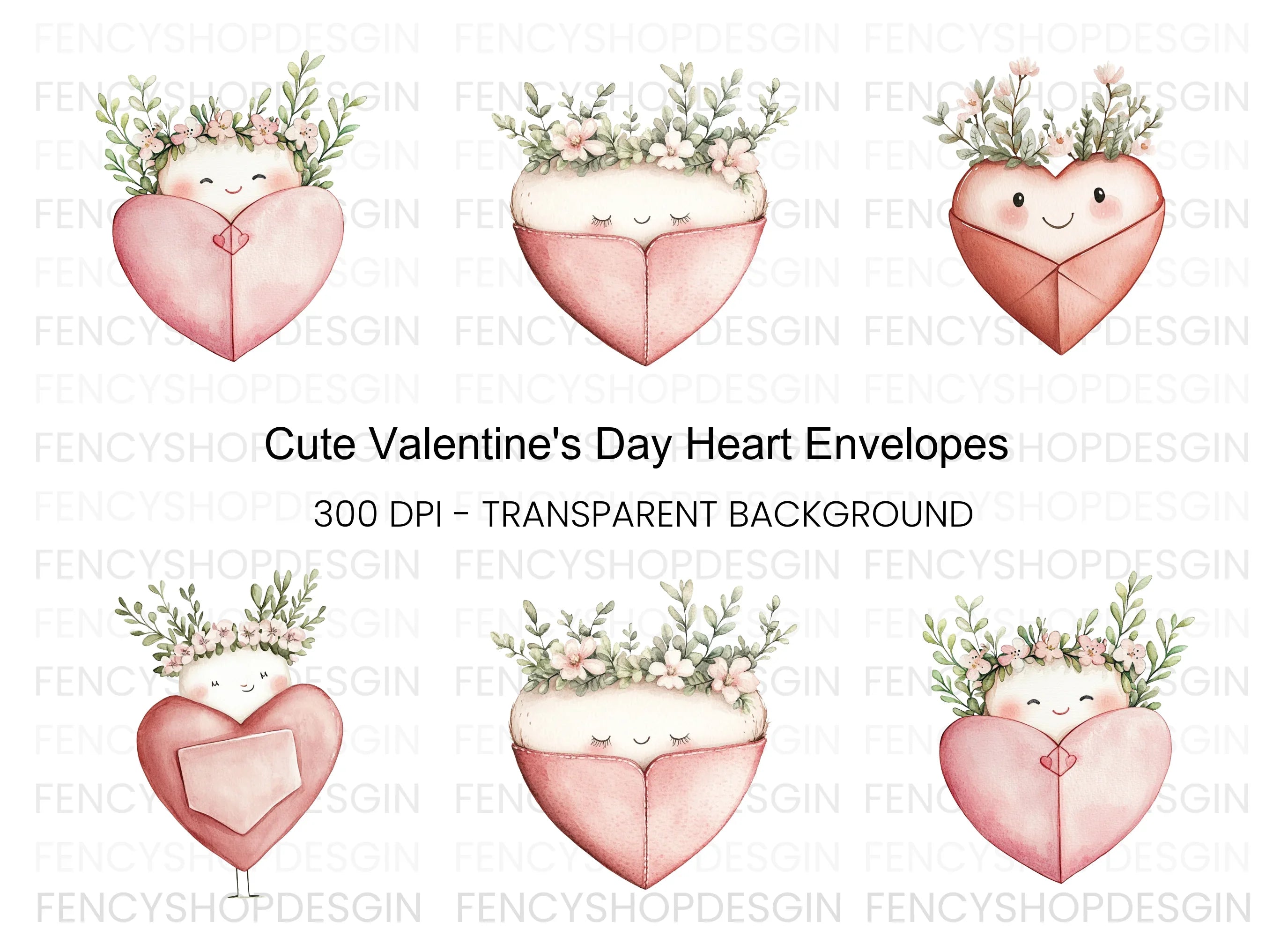 Cute Heart with Floral Crowns Clipart Bundle