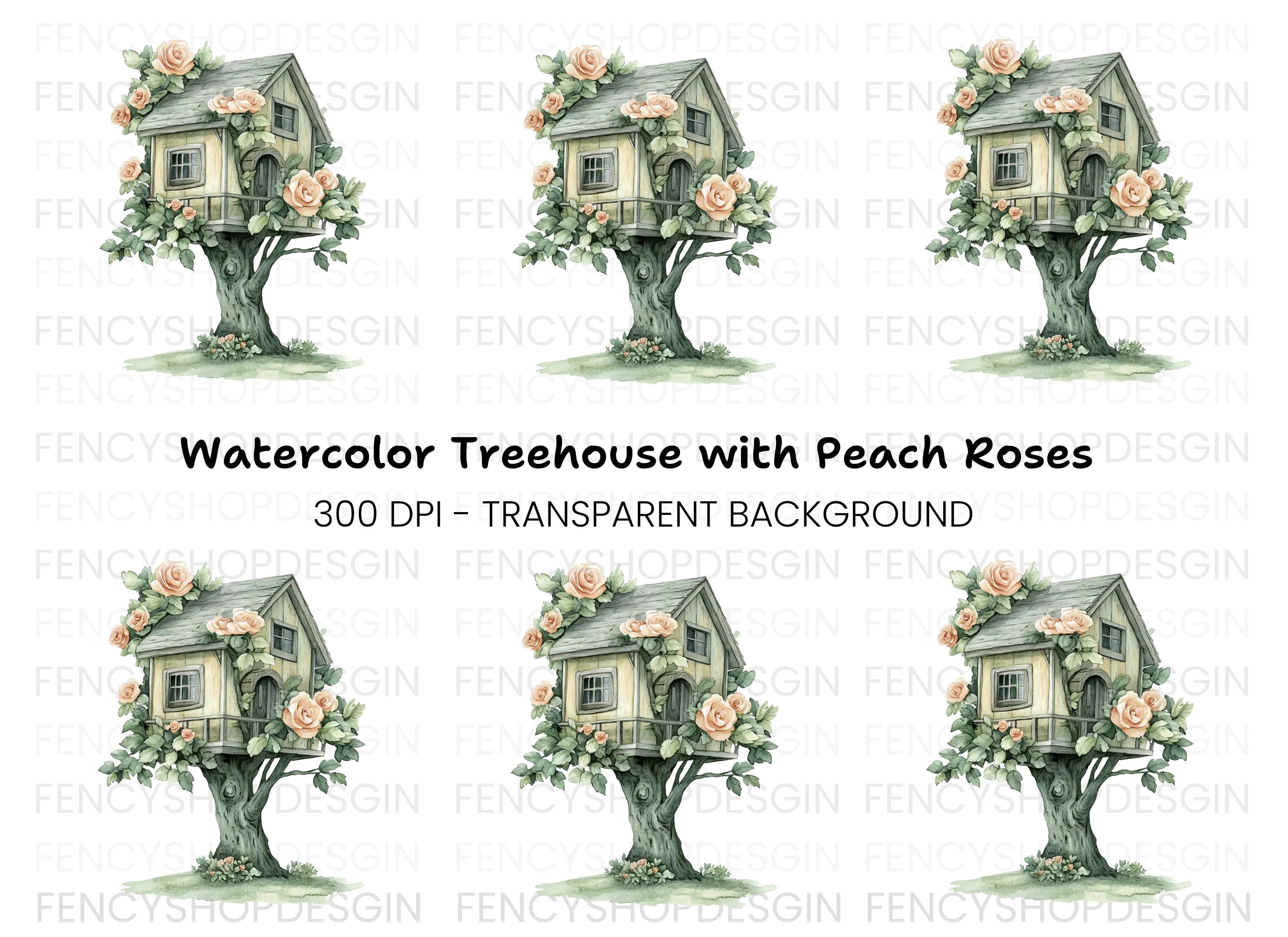 Charming Treehouse with Peach Roses Clipart Bundle