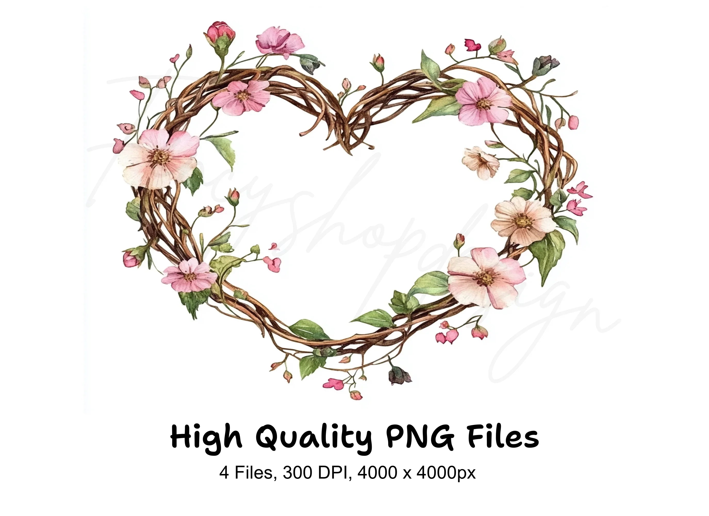 Rustic Floral Heart Wreaths Clipart Bundle