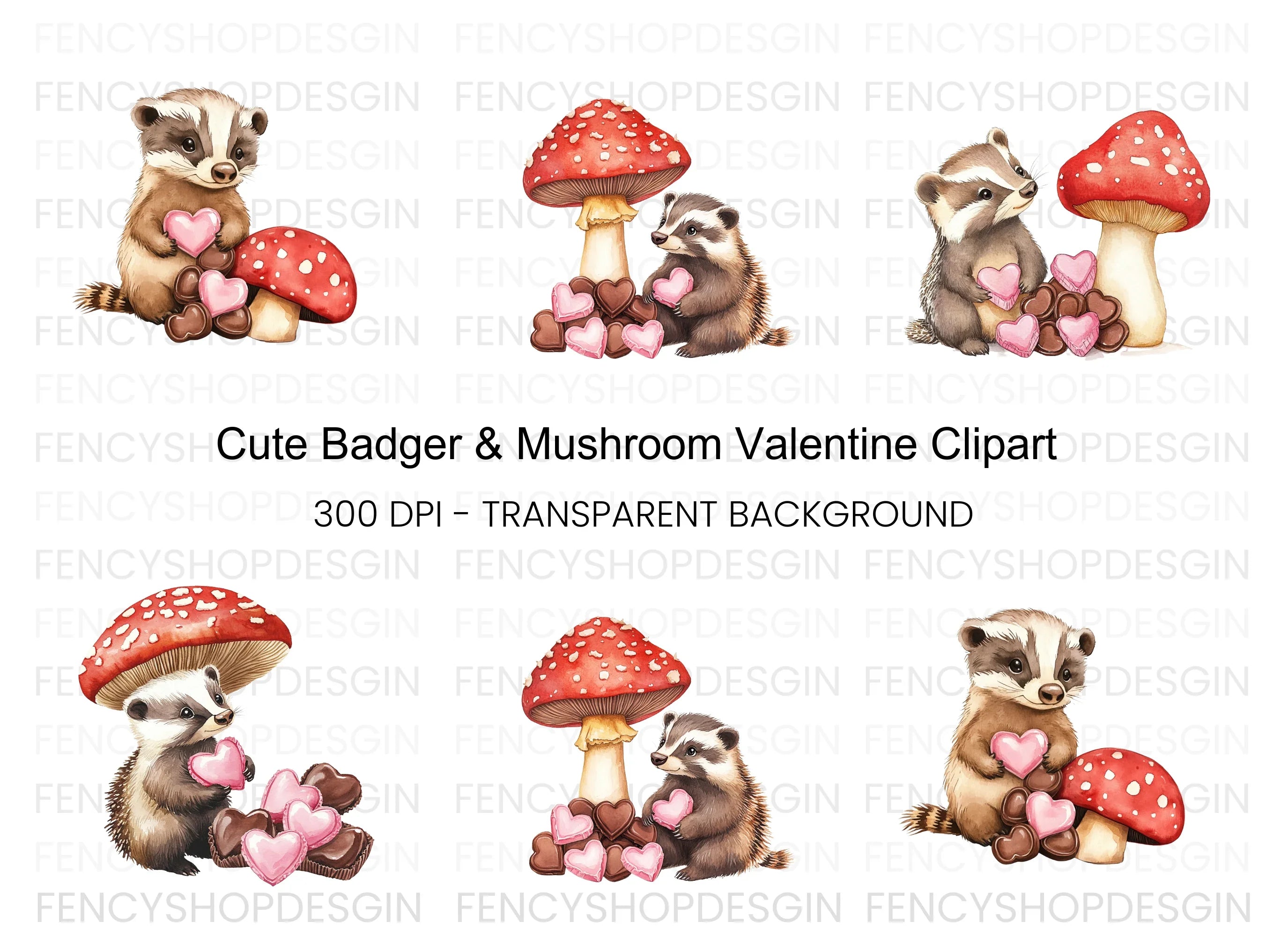Cute Badger Mushroom Valentine Clipart Bundle