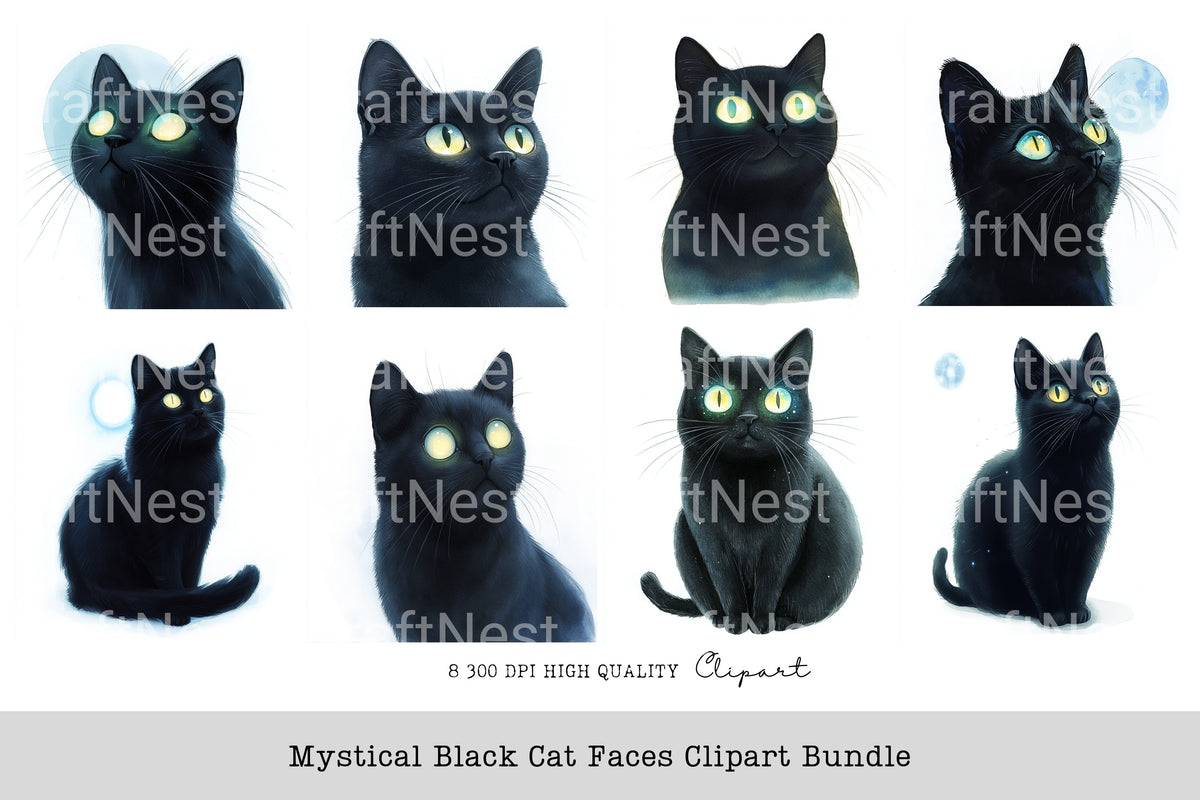 Mystical Black Cat Faces Clipart Bundle