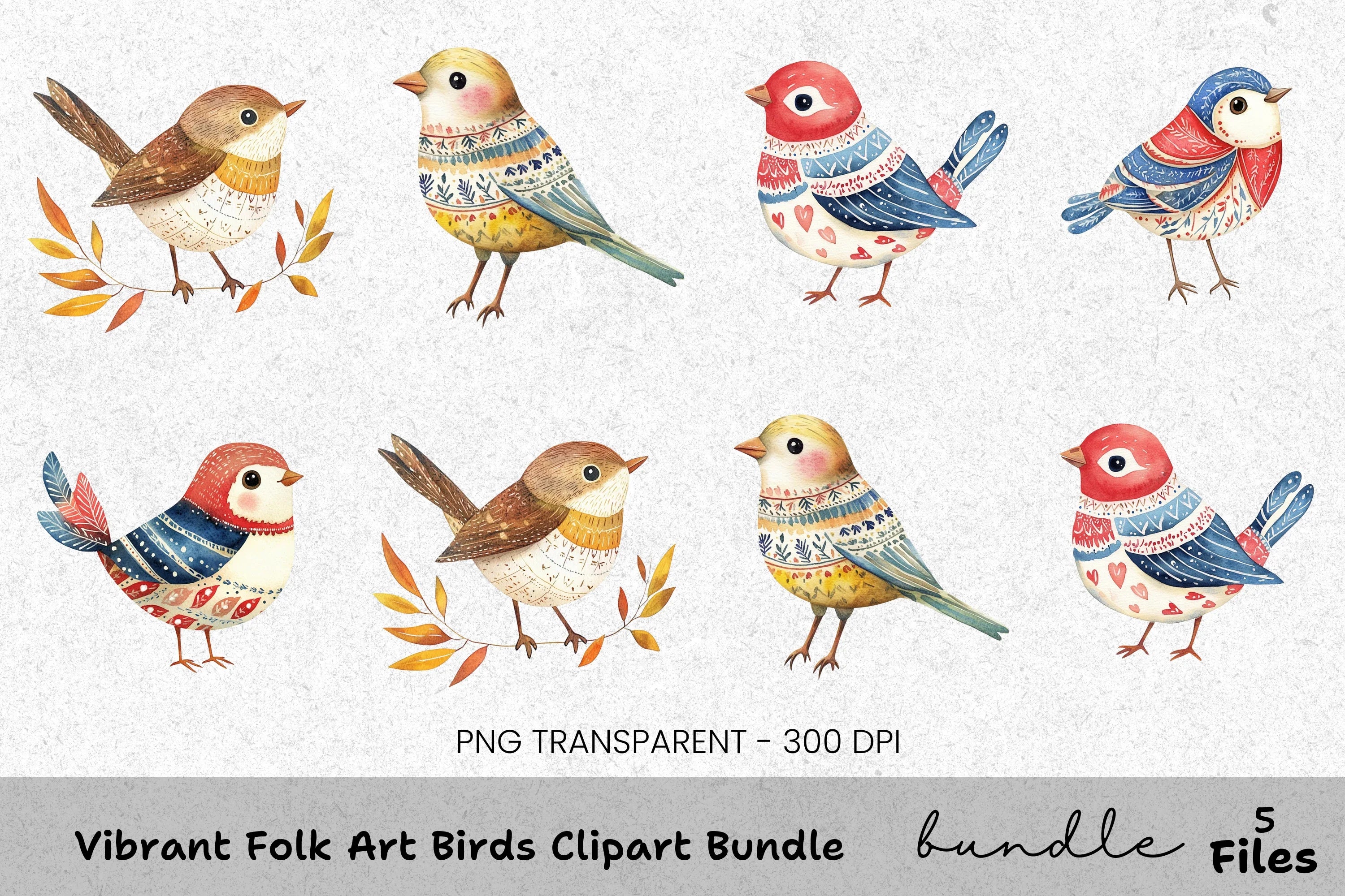 Vibrant Folk Birds Clipart Bundle