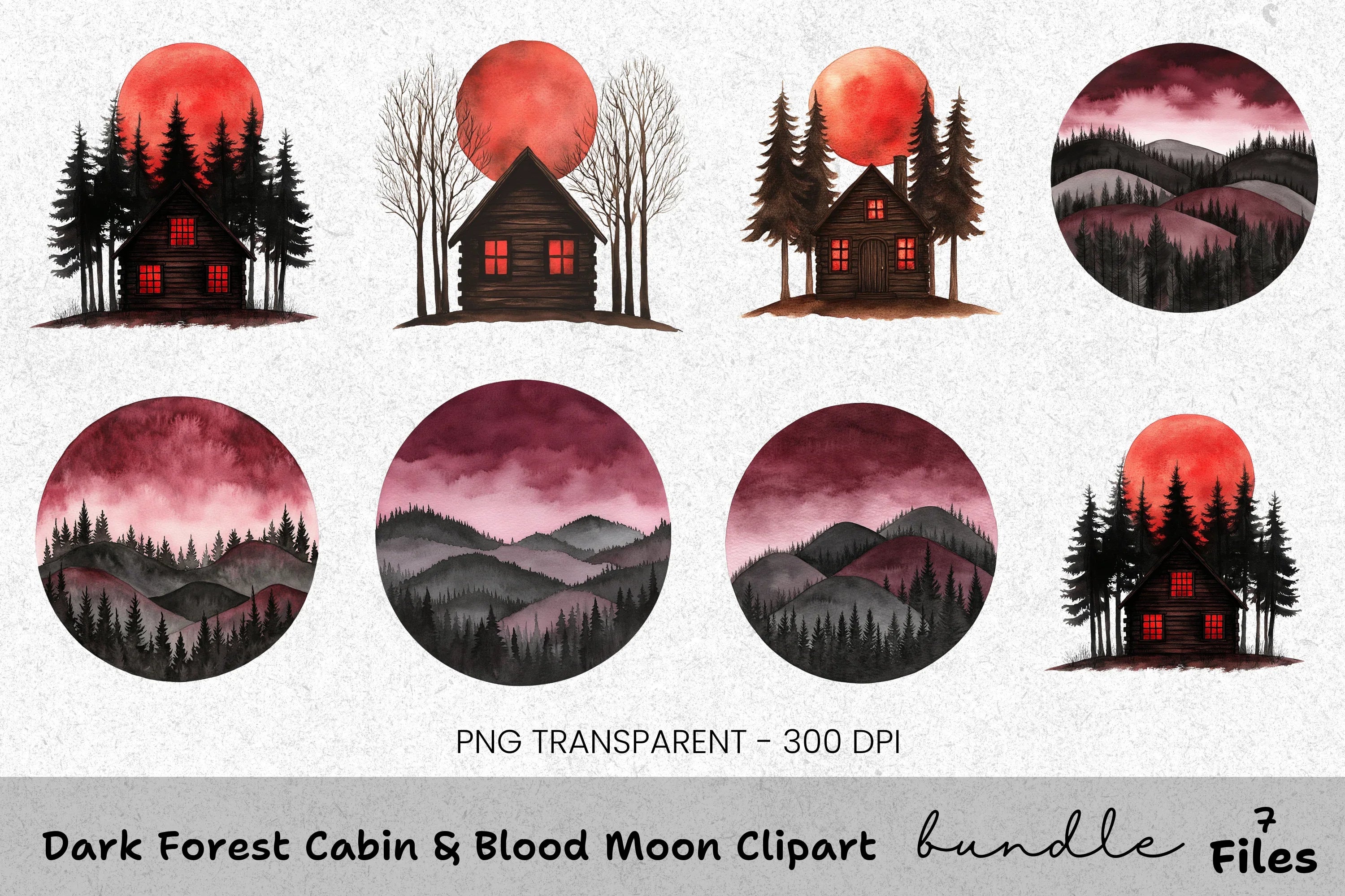 Dark Forest Cabin Blood Moon Clipart Bundle