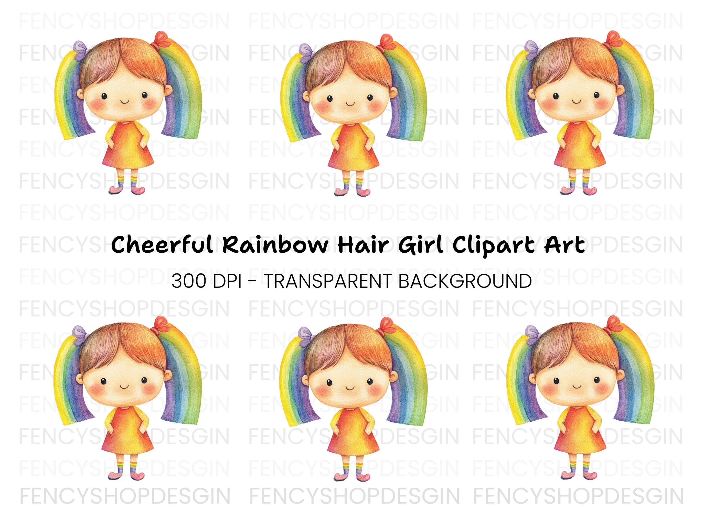 Adorable Rainbow Pigtails Girl Clipart Bundle