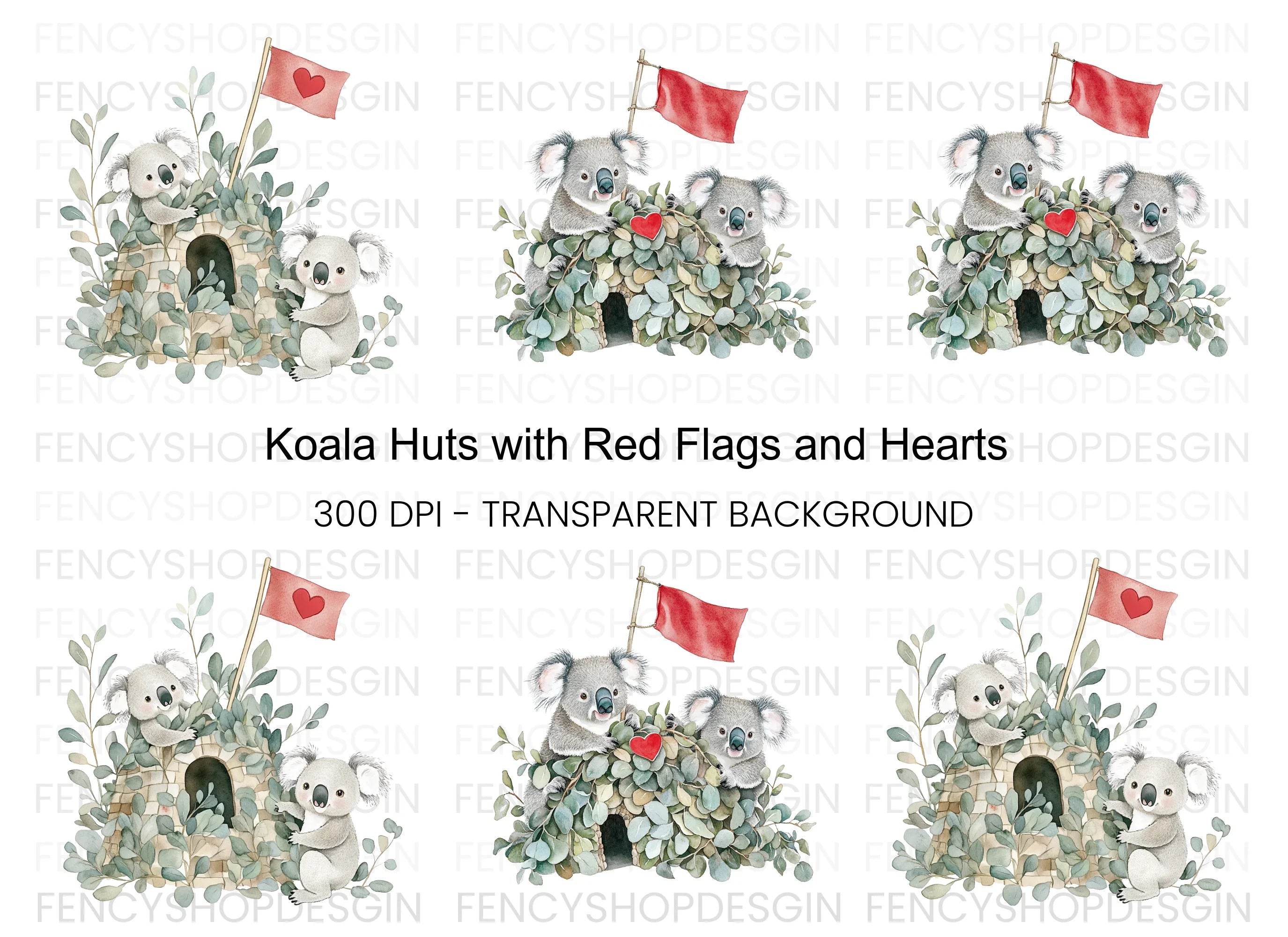 Koalas in Eucalyptus Huts Clipart Bundle
