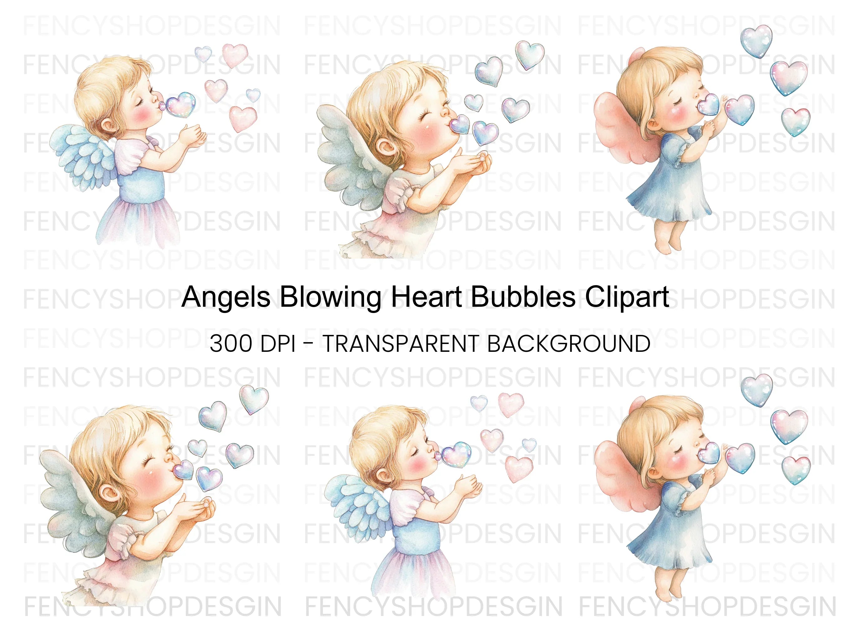 Angels Blowing Heart Bubbles Clipart Bundle
