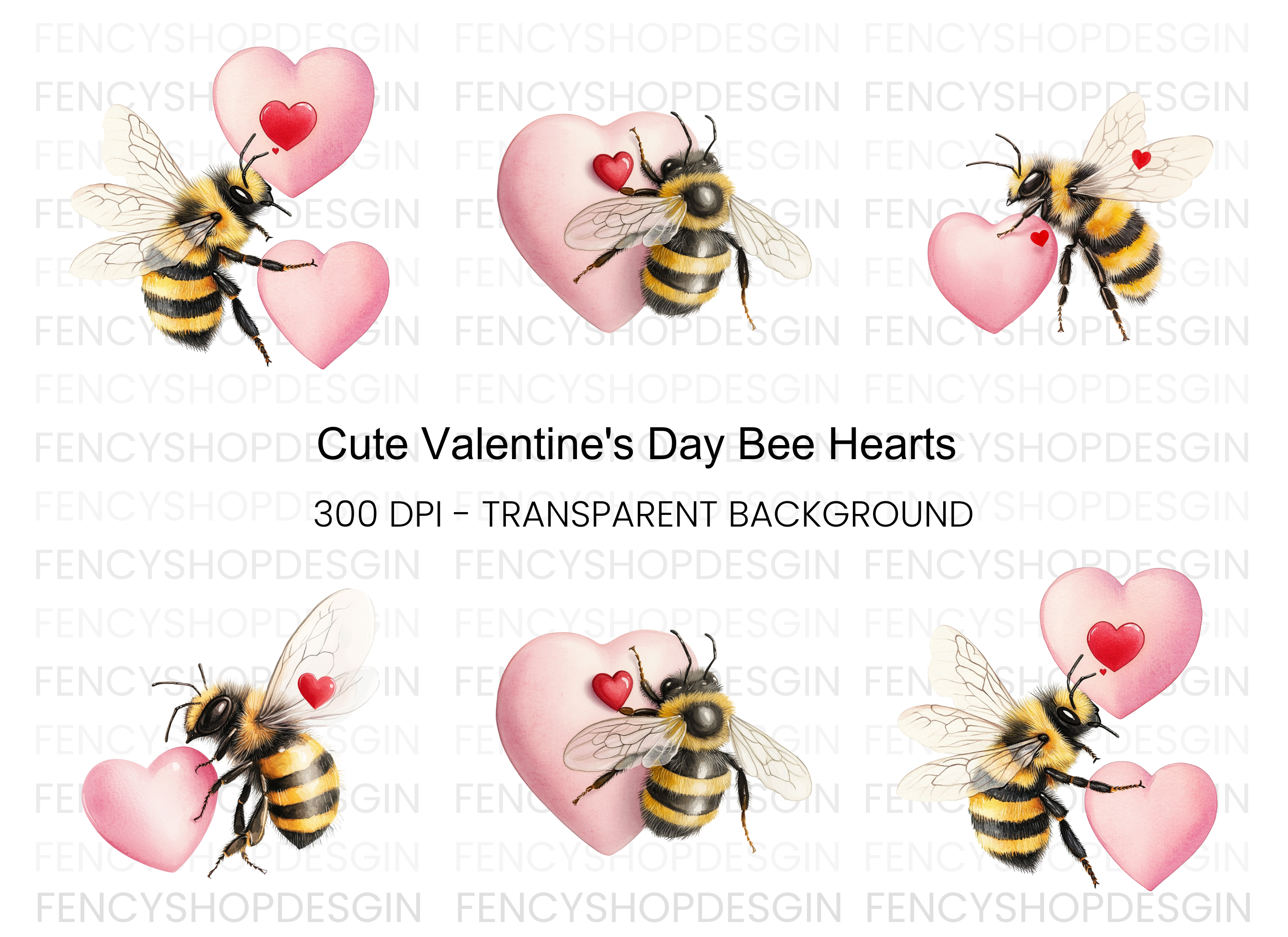 Cute Bumble Bees with Pink Hearts Clipart Bundle