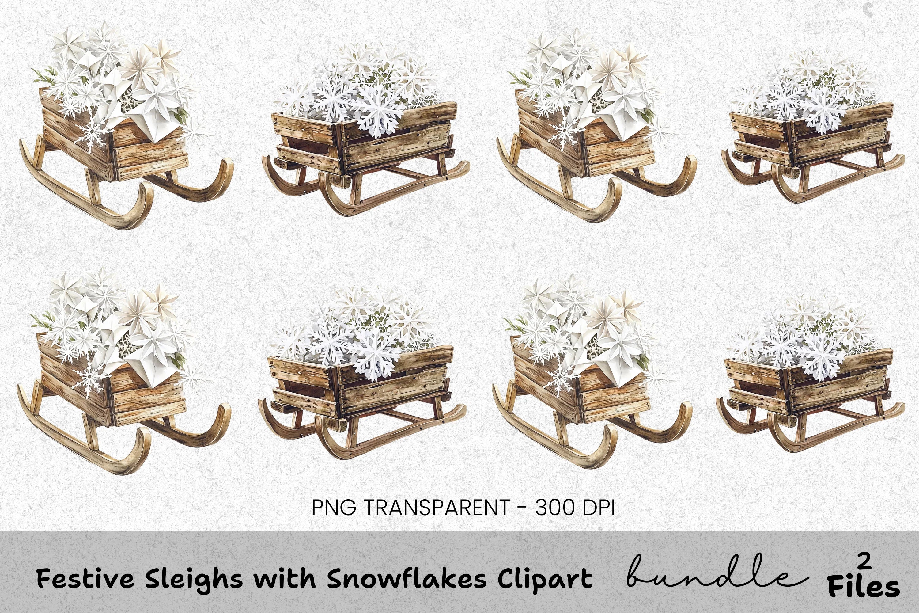 Festive Sleighs with Snowflakes Clipart Bundle