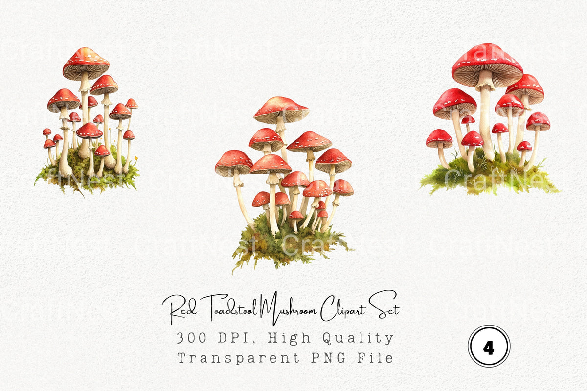 Red Toadstool Mushroom Clipart Bundle