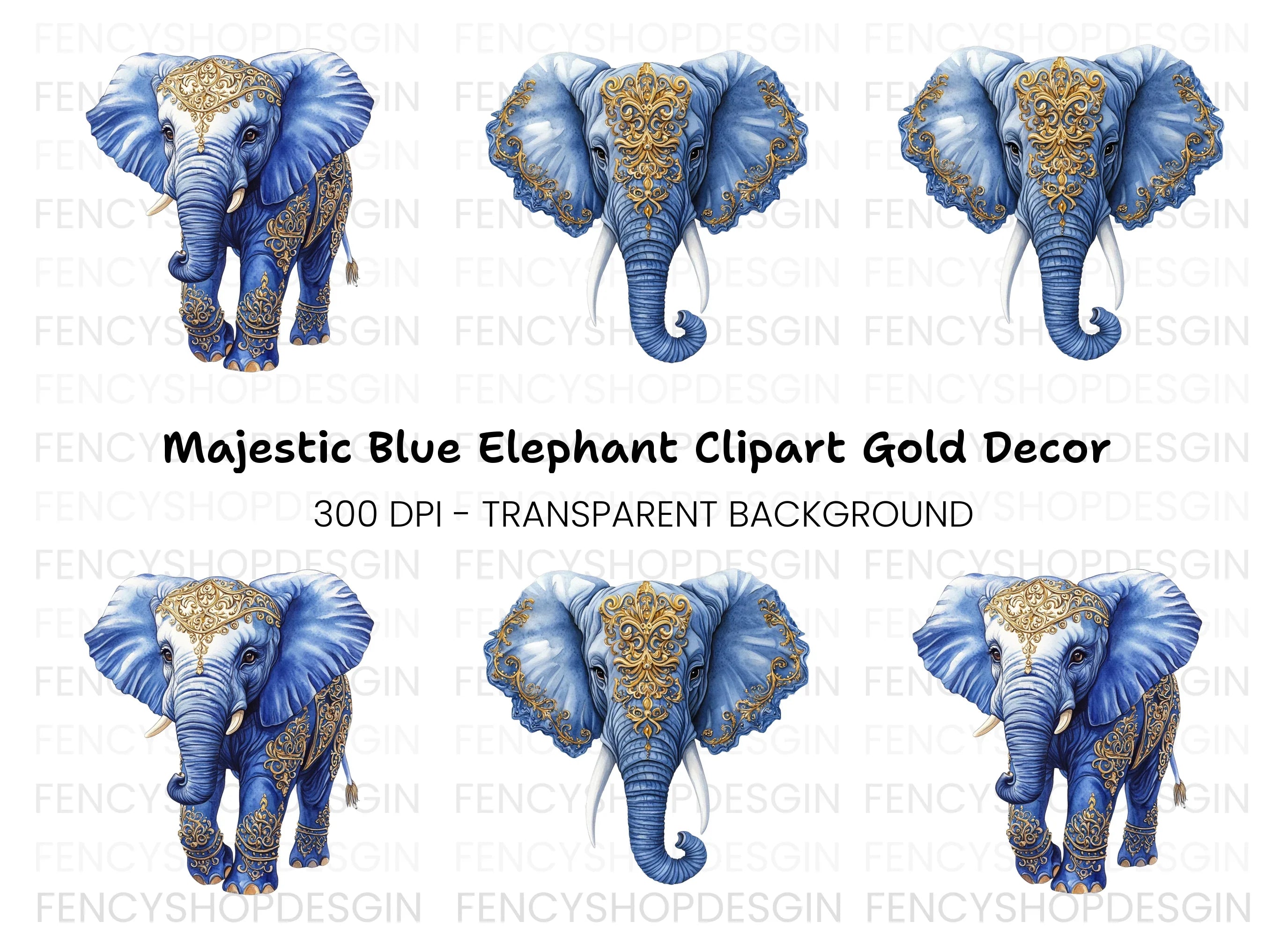 Blue Gold Ornate Elephant Clipart Bundle