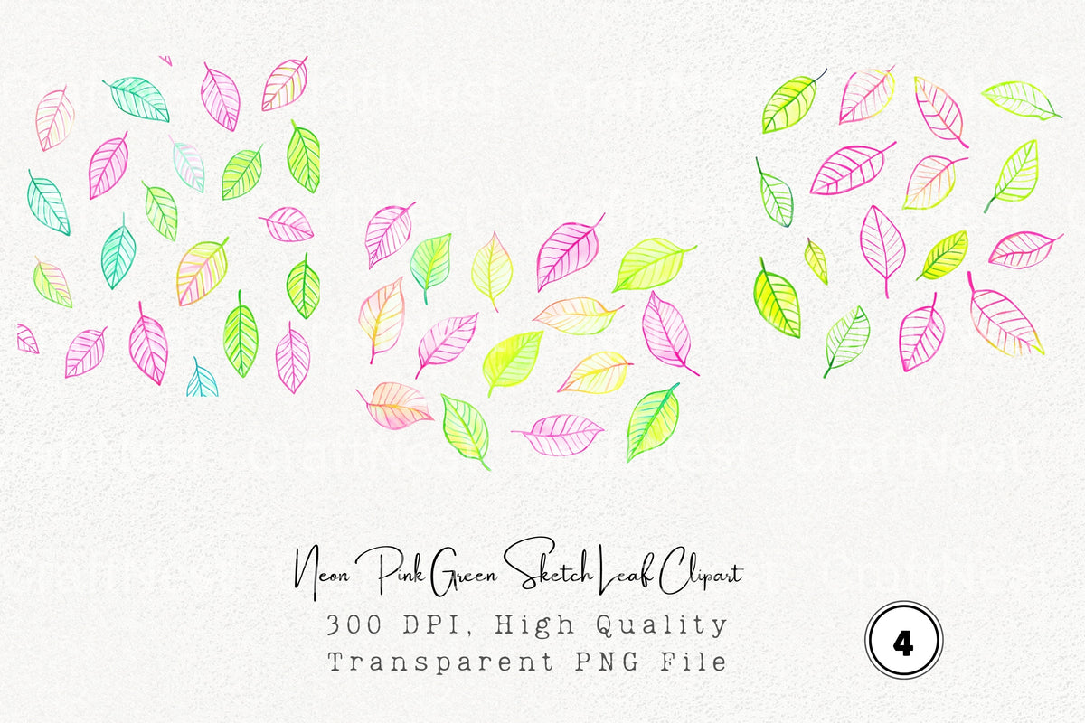 Neon Pink Green Sketch Leaf Clipart Bundle