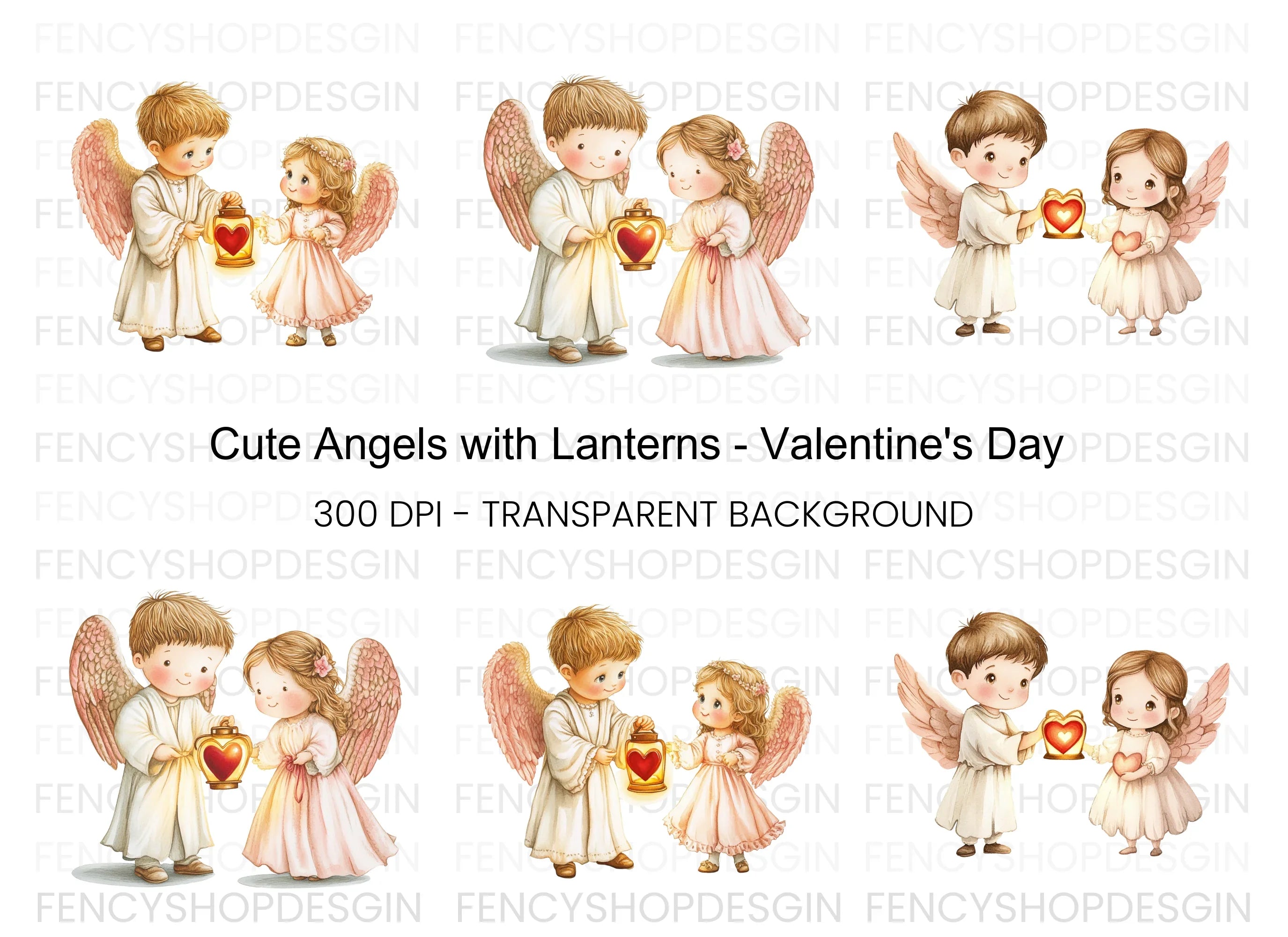 Cute Angel with Heart Lanterns Clipart Bundle