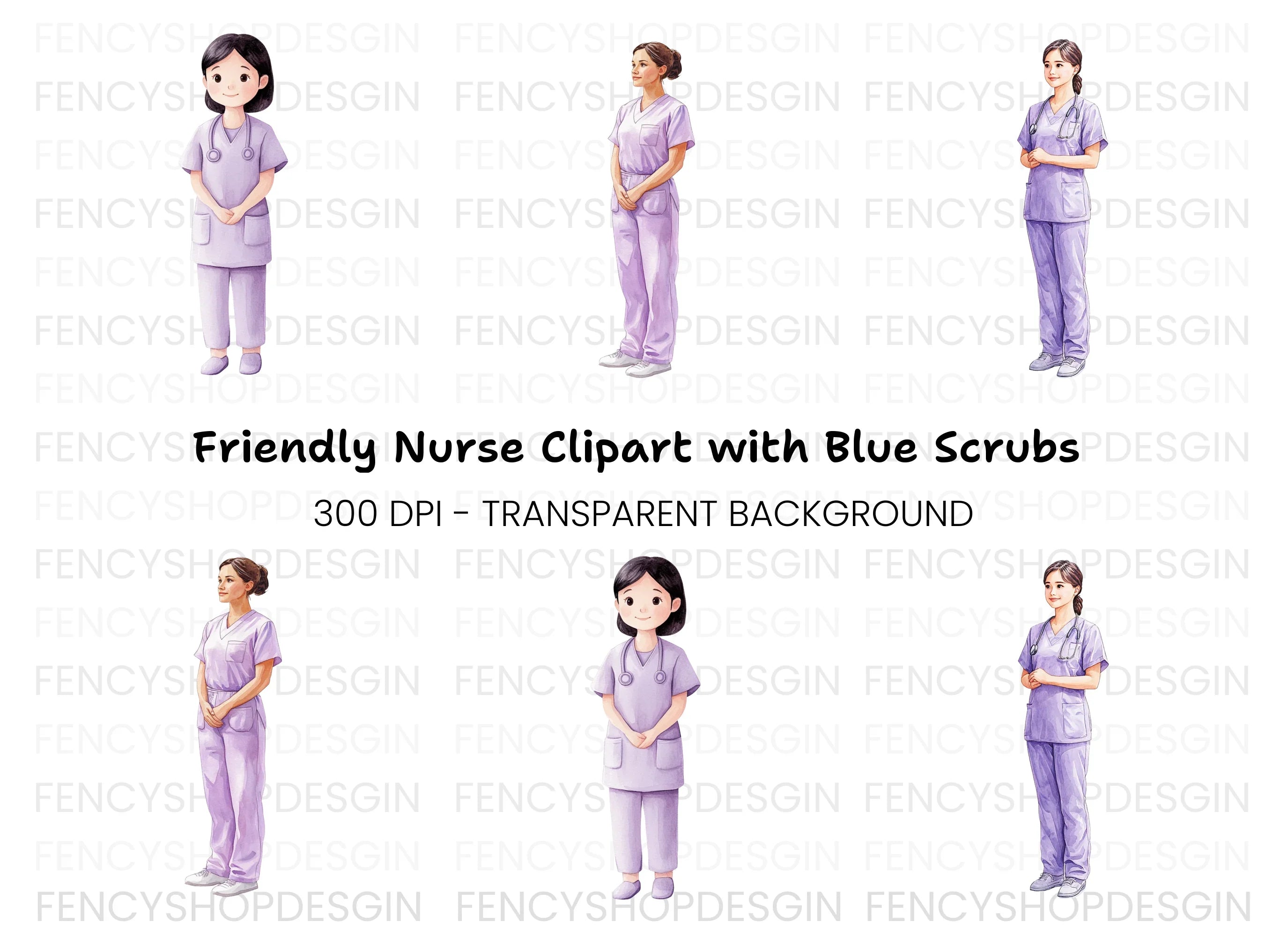 Nurses in Purple Scrubs Clipart Bundle