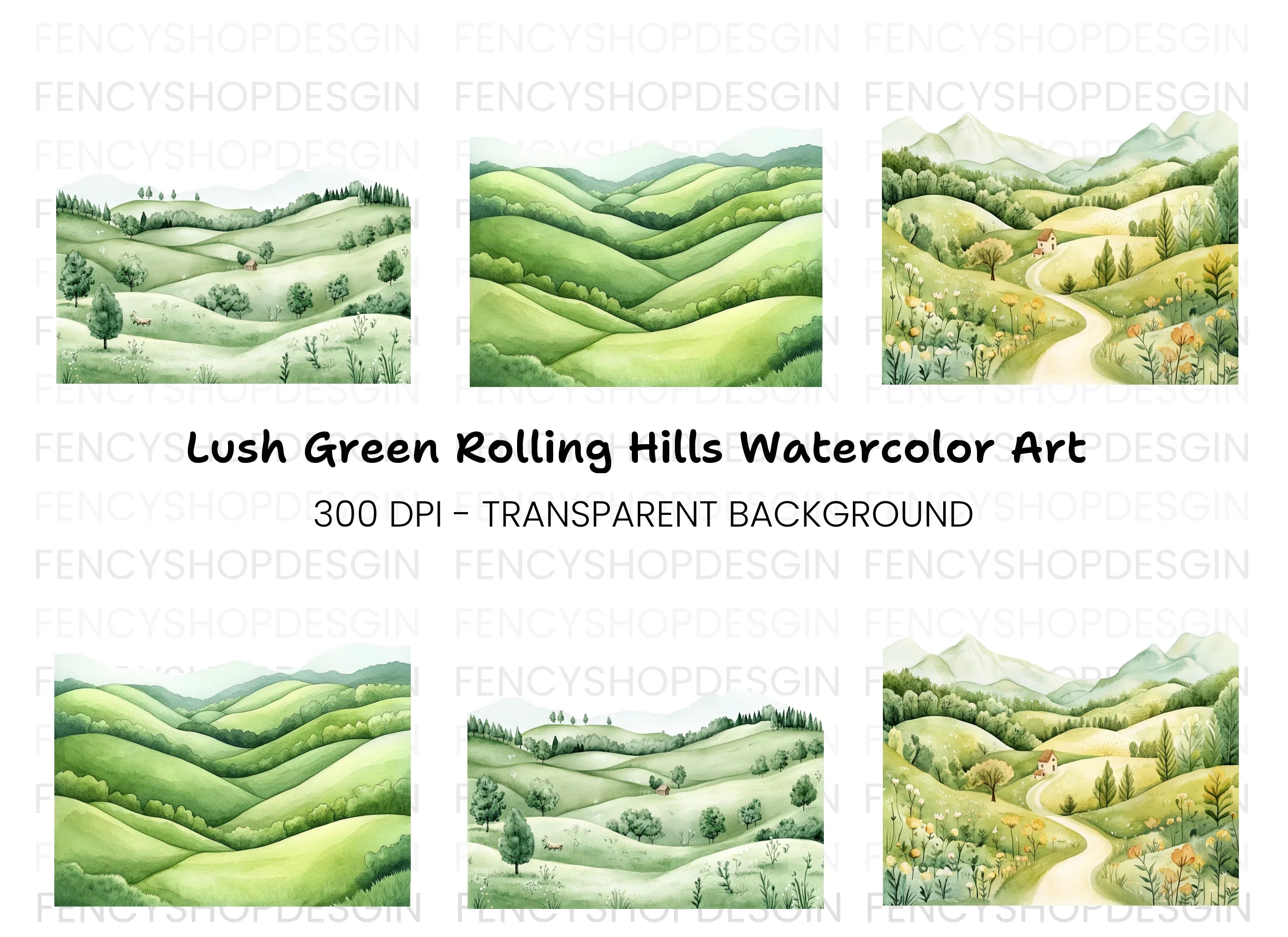 Seamless Green Hills Landscape Clipart Bundle