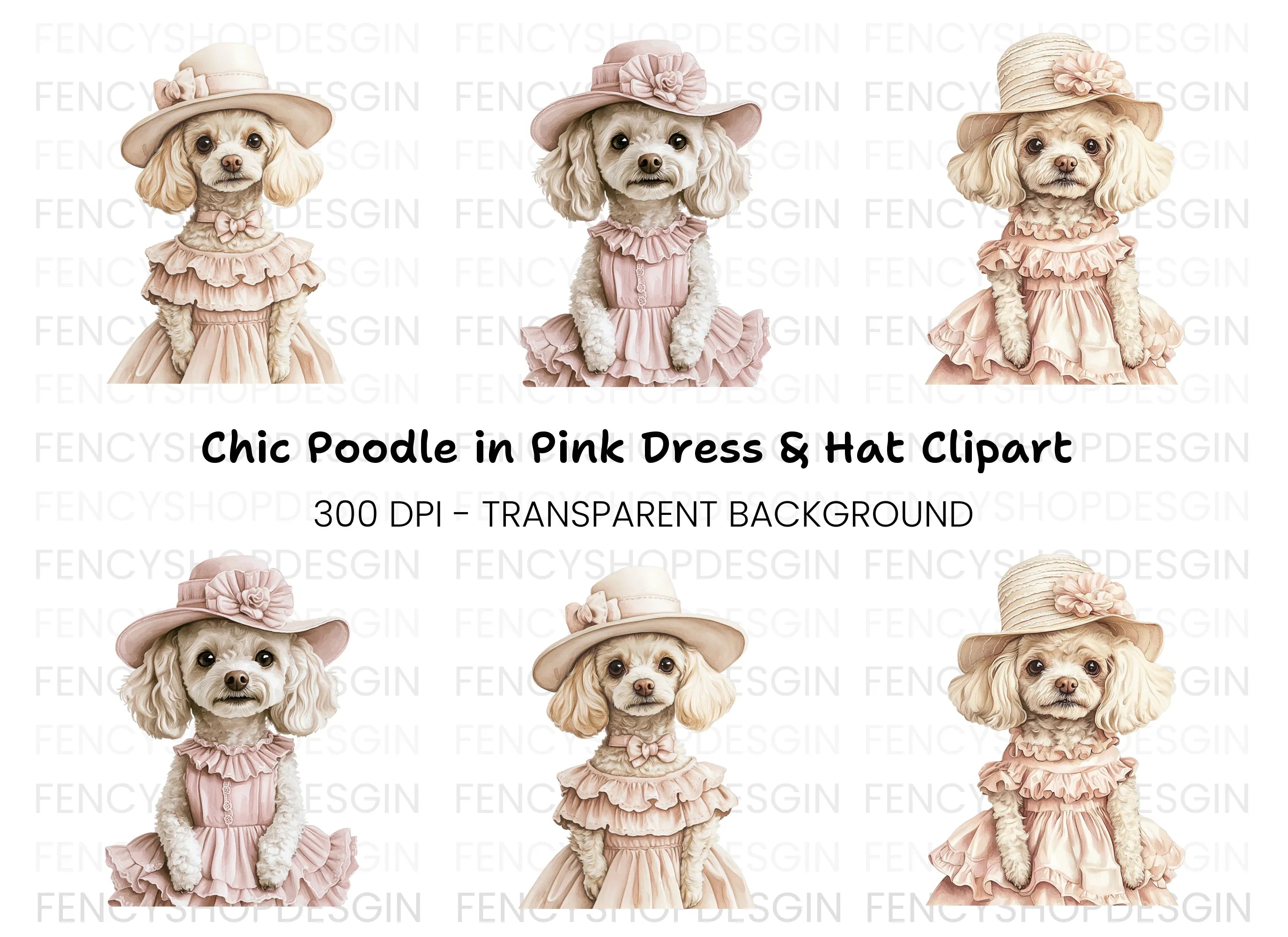 Elegant Poodle Dogs in Pink Dresses Clipart Bundle