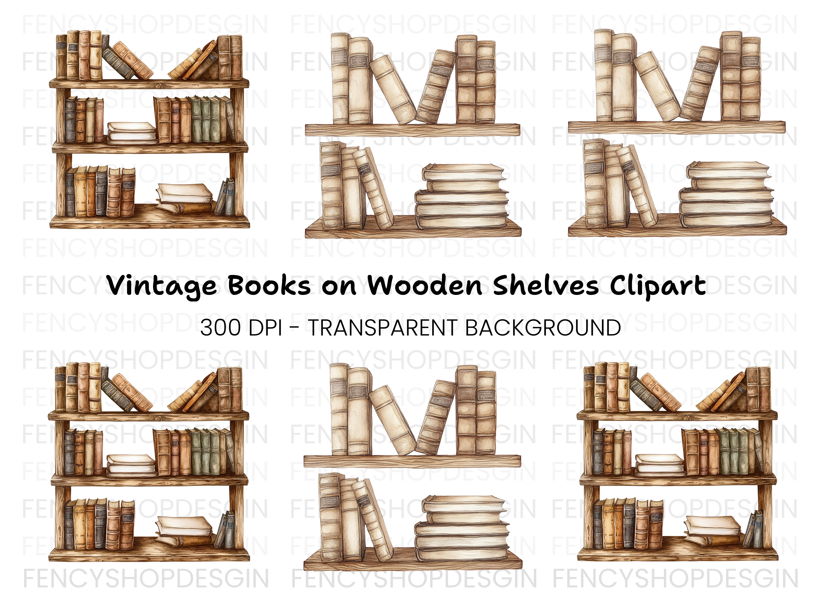 Stacked Books and Shelf Clipart Bundle