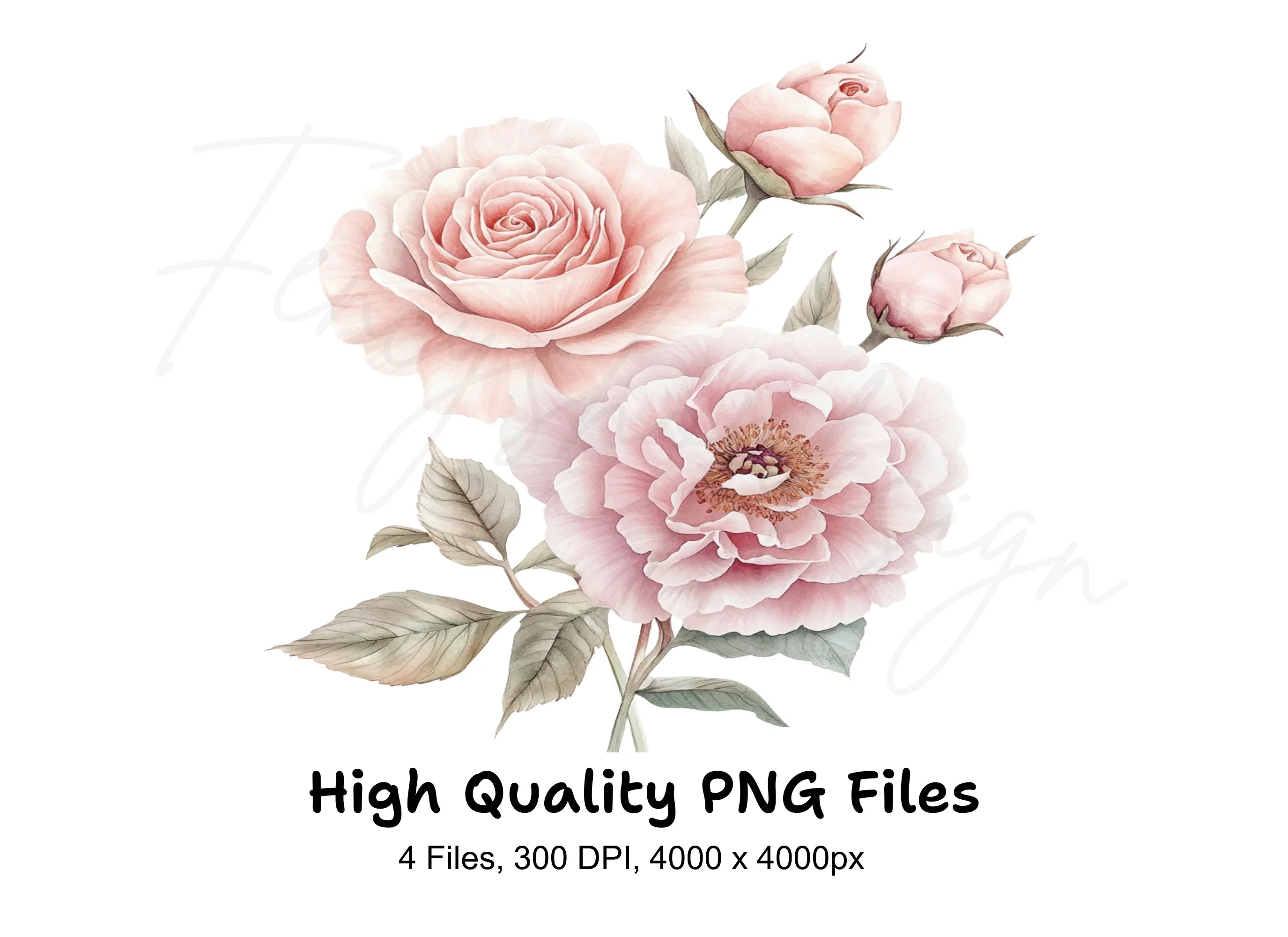 Pink Peony Rose Clipart Bundle
