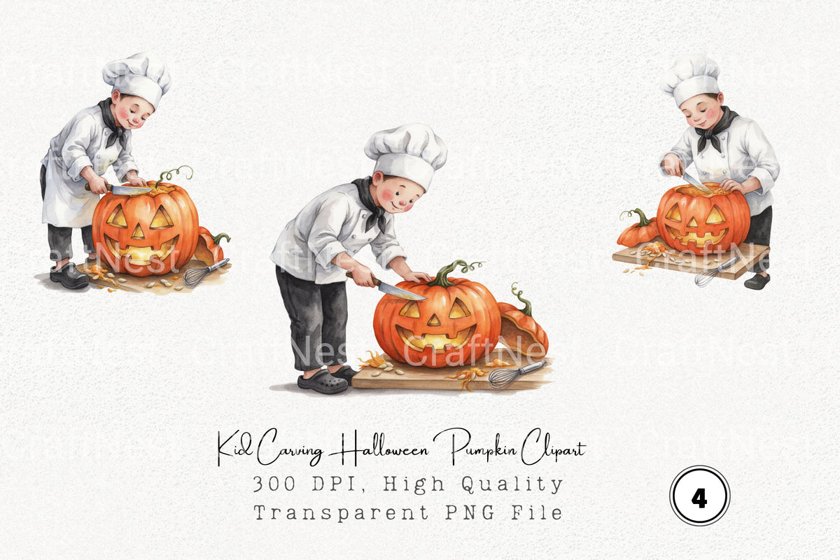 Kid Carving Halloween Pumpkin Clipart Bundle