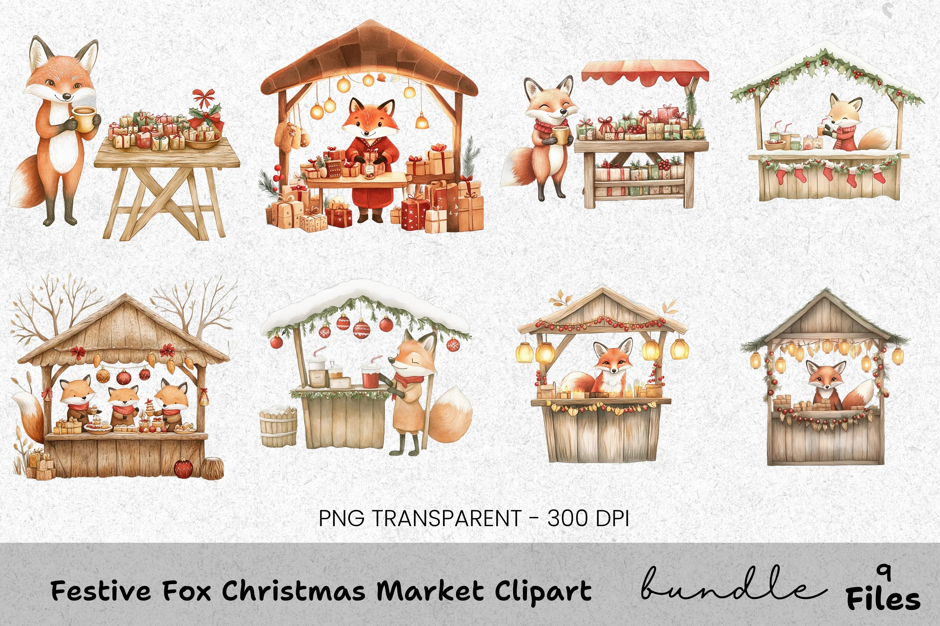 Cute Fox Christmas Market Clipart Bundle