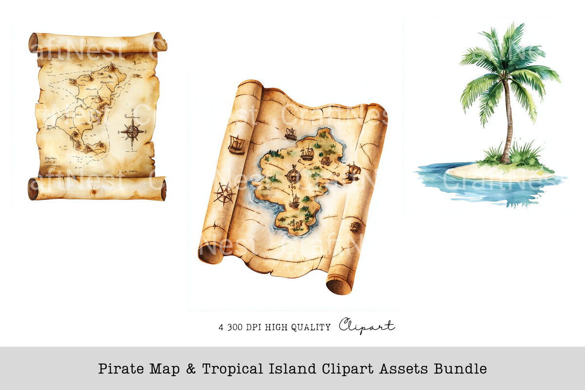 Pirate Map Tropical Island Clipart Bundle