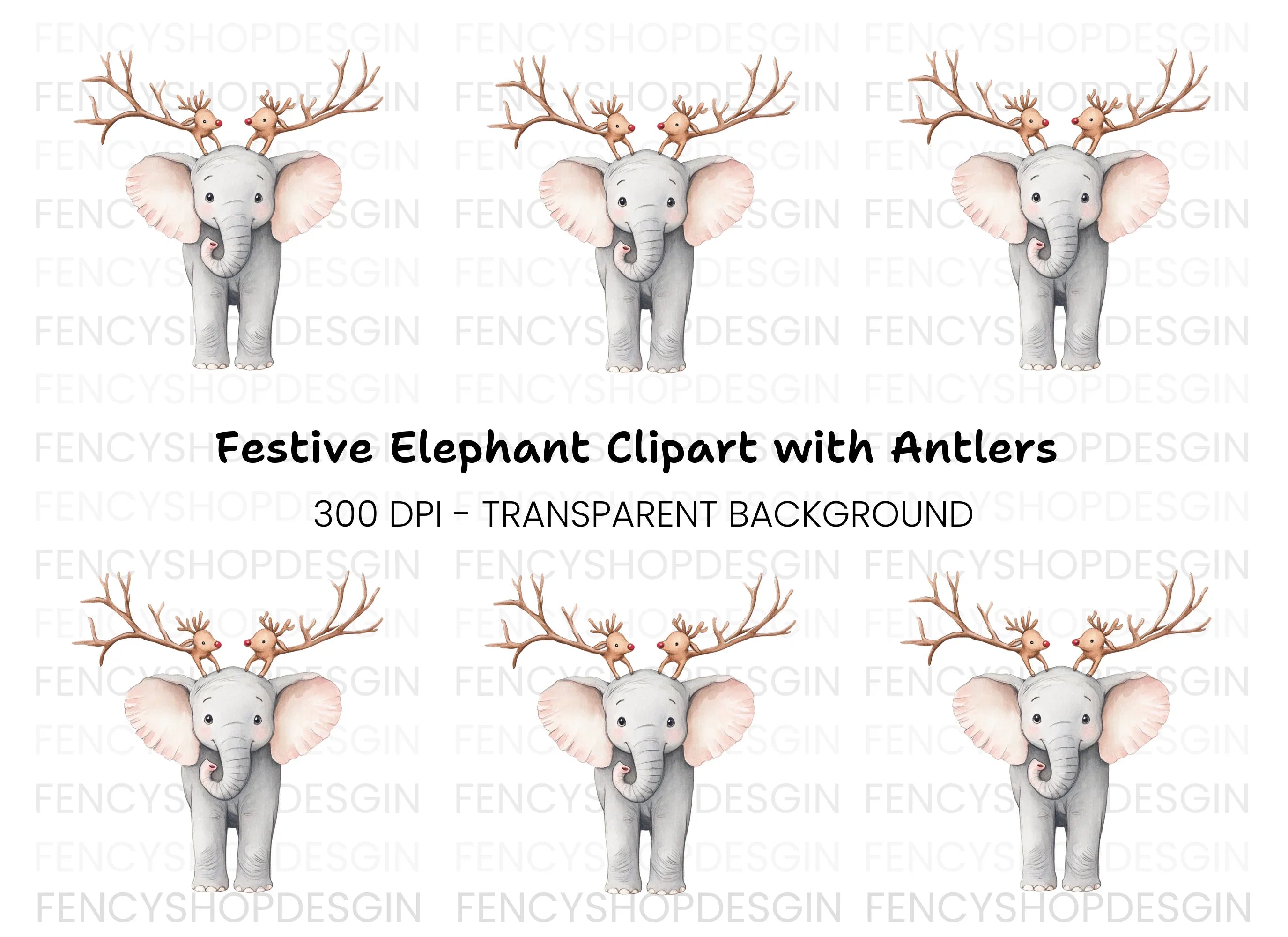 Cute Elephant with Reindeer Antlers Clipart Bundle