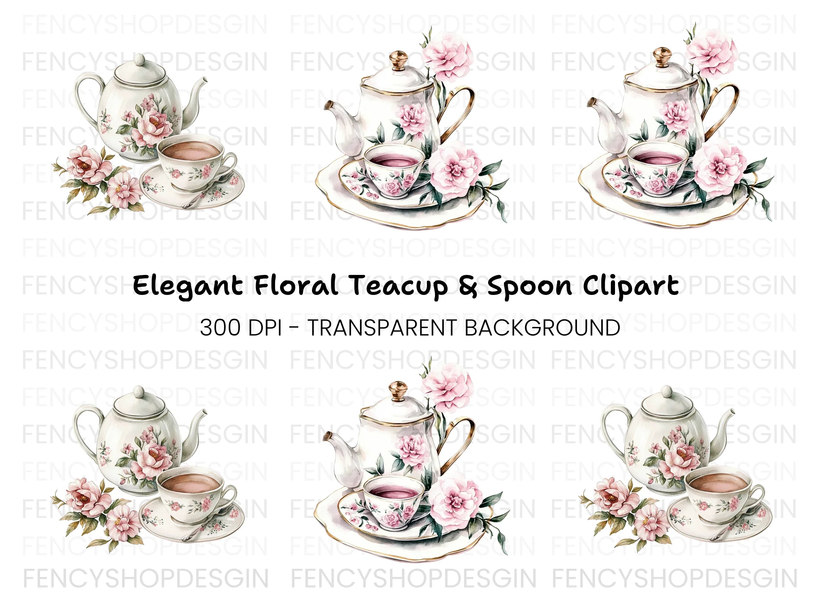 Elegant Floral Teapot and Teacup Clipart Bundle