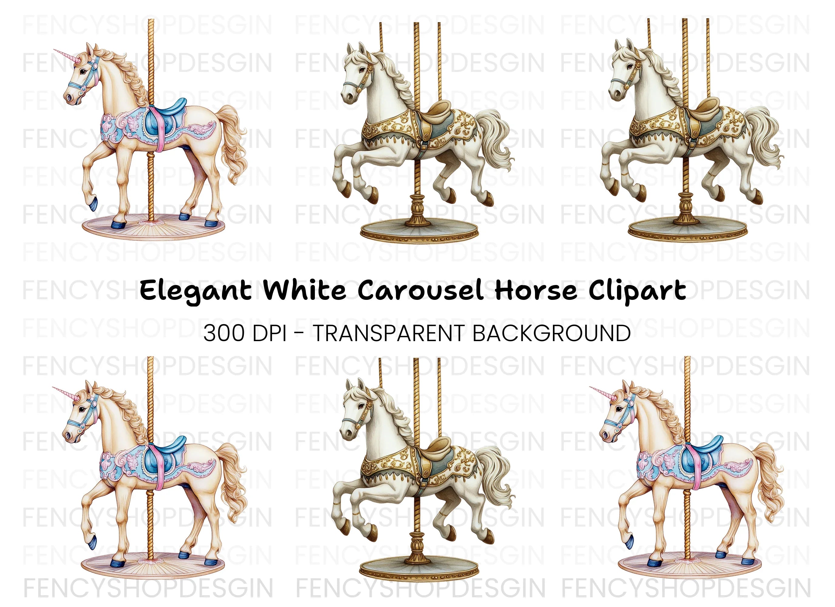 Unicorn Horse Carousel Clipart Bundle