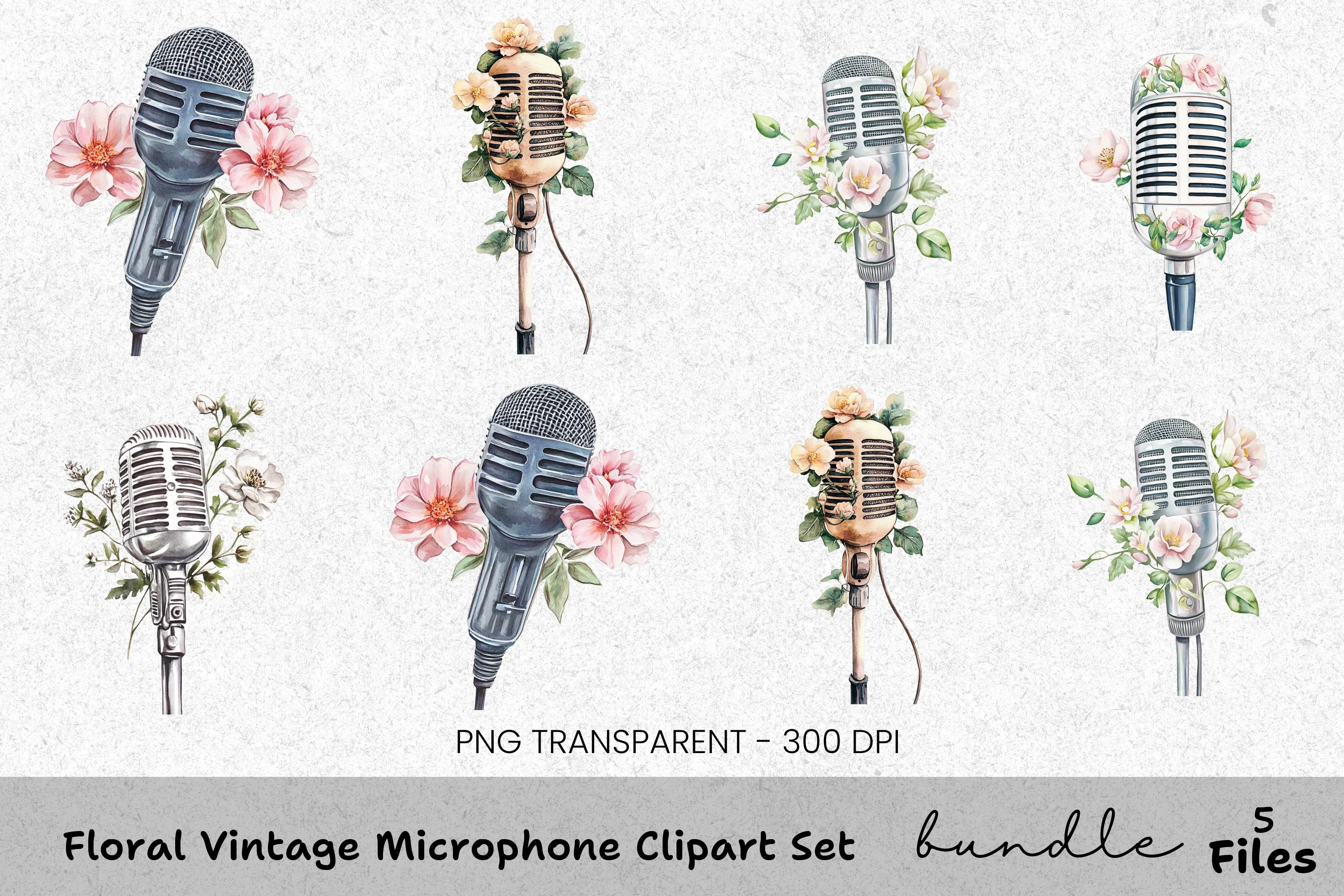 Floral Vintage Microphone Clipart Bundle