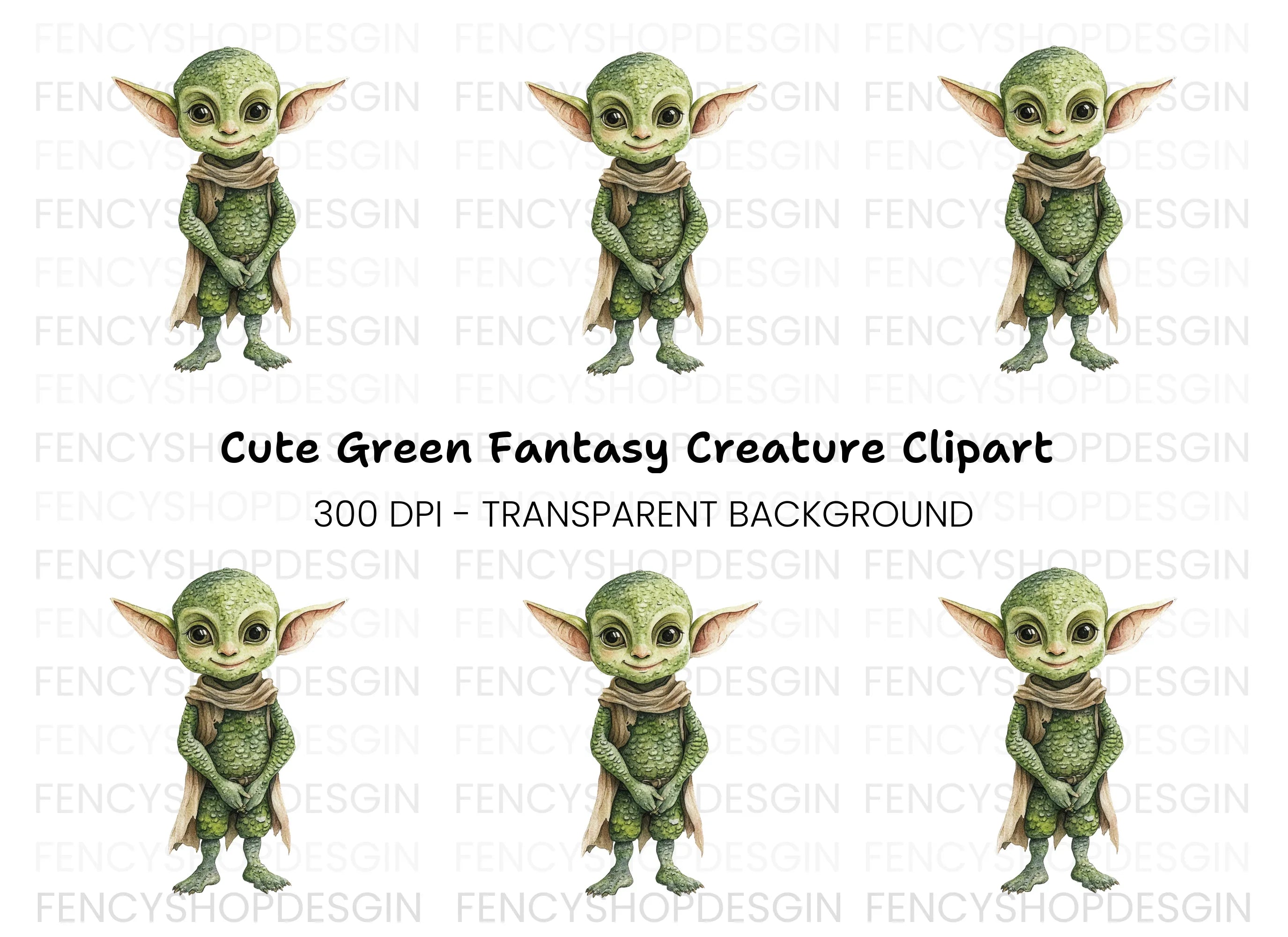 Cute Green Alien Creature Clipart Bundle