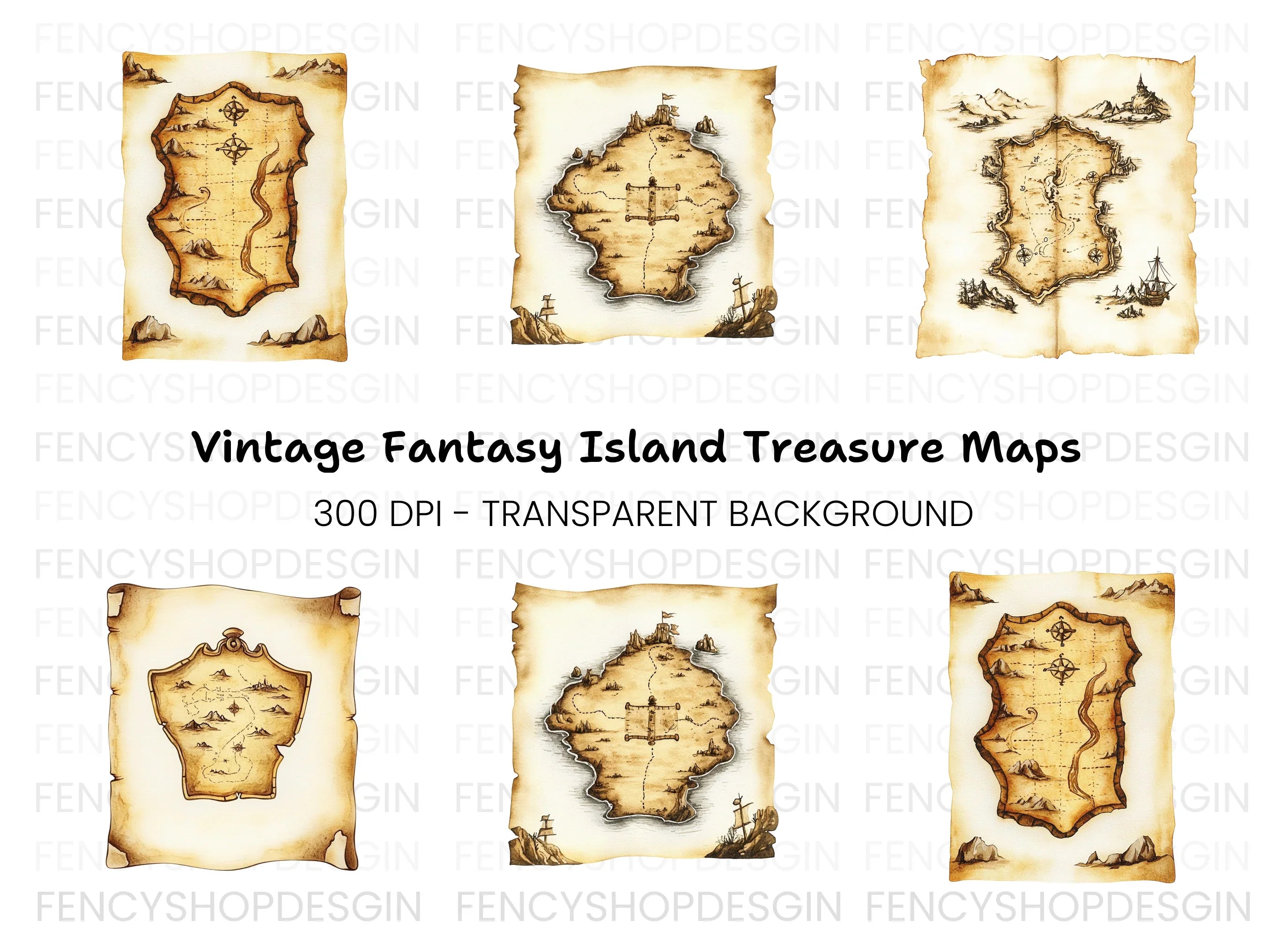 Vintage Treasure Island Maps Clipart Bundle