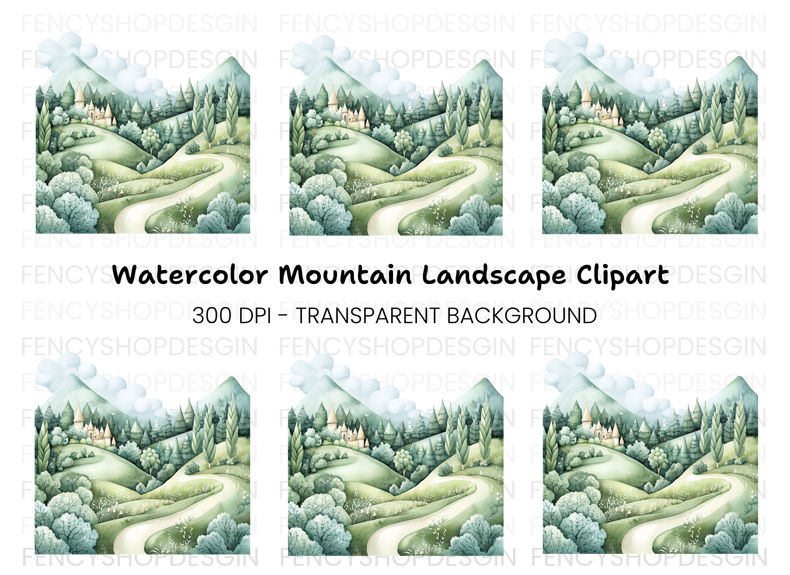 Green Hills and Castle Landscape Clipart Bundle