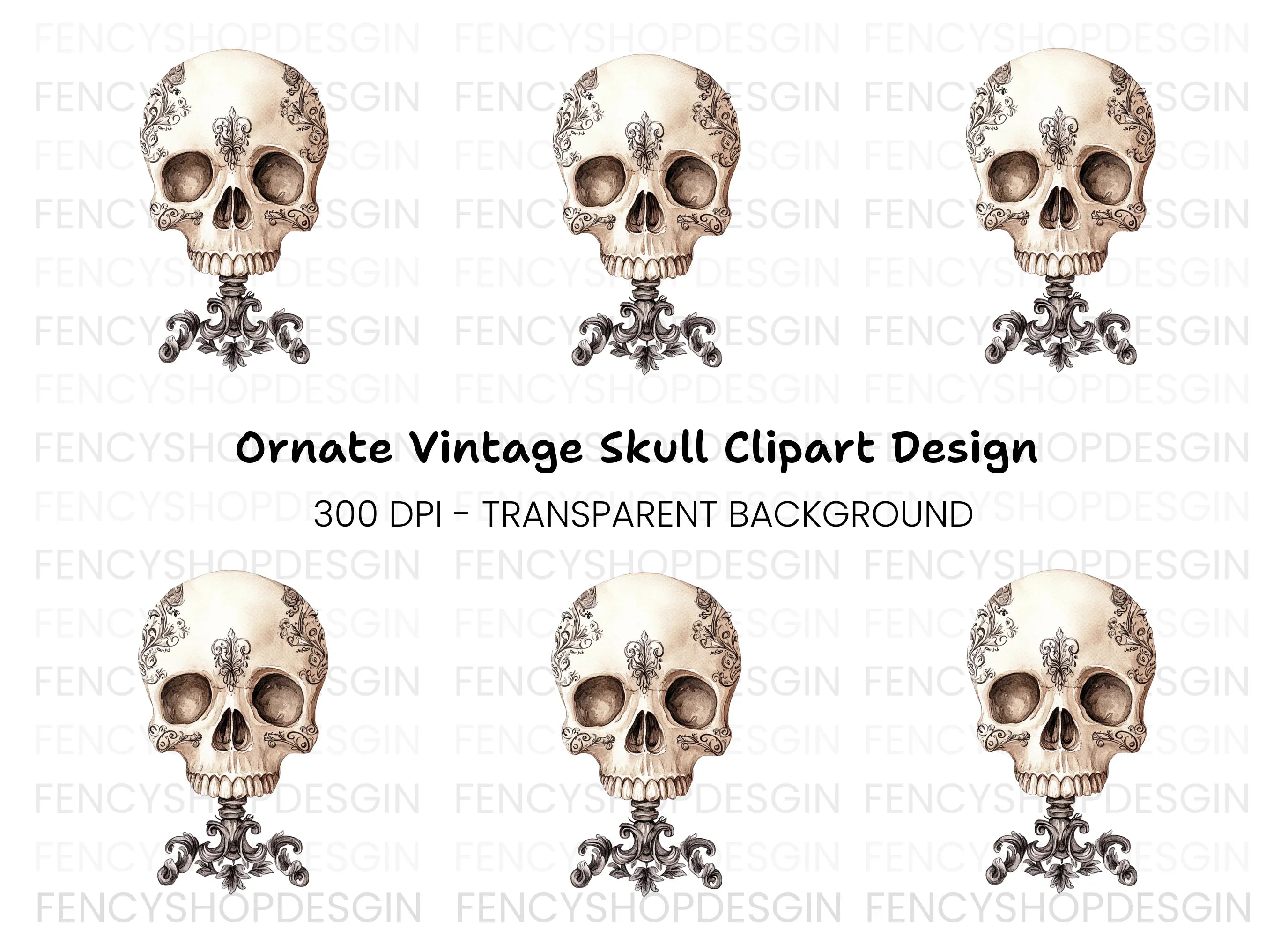 Ornate Floral Skull Clipart Bundle
