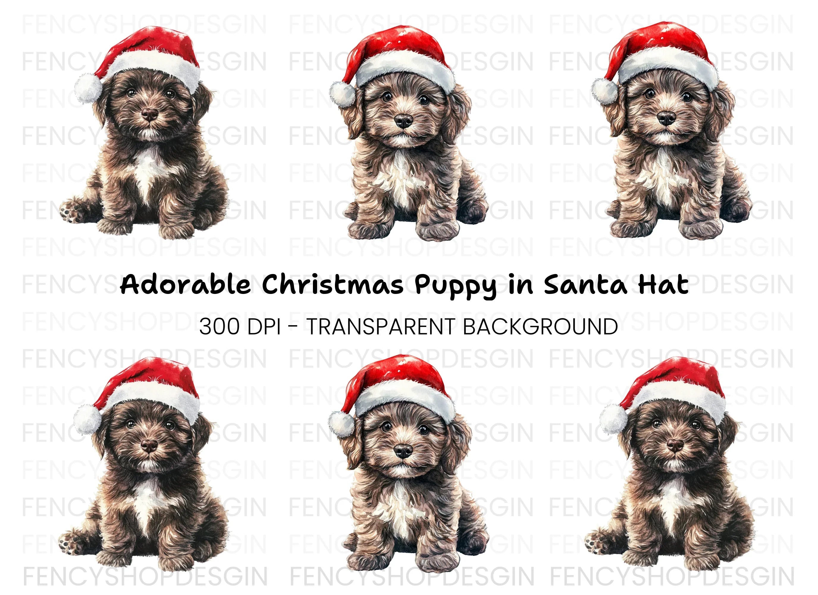 Cute Christmas Puppies with Santa Hats Clipart Bundle