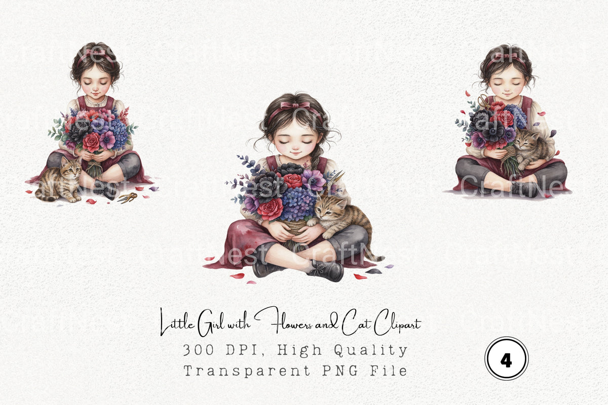 Little Girl With Flowers And Cat Clipart Bundle