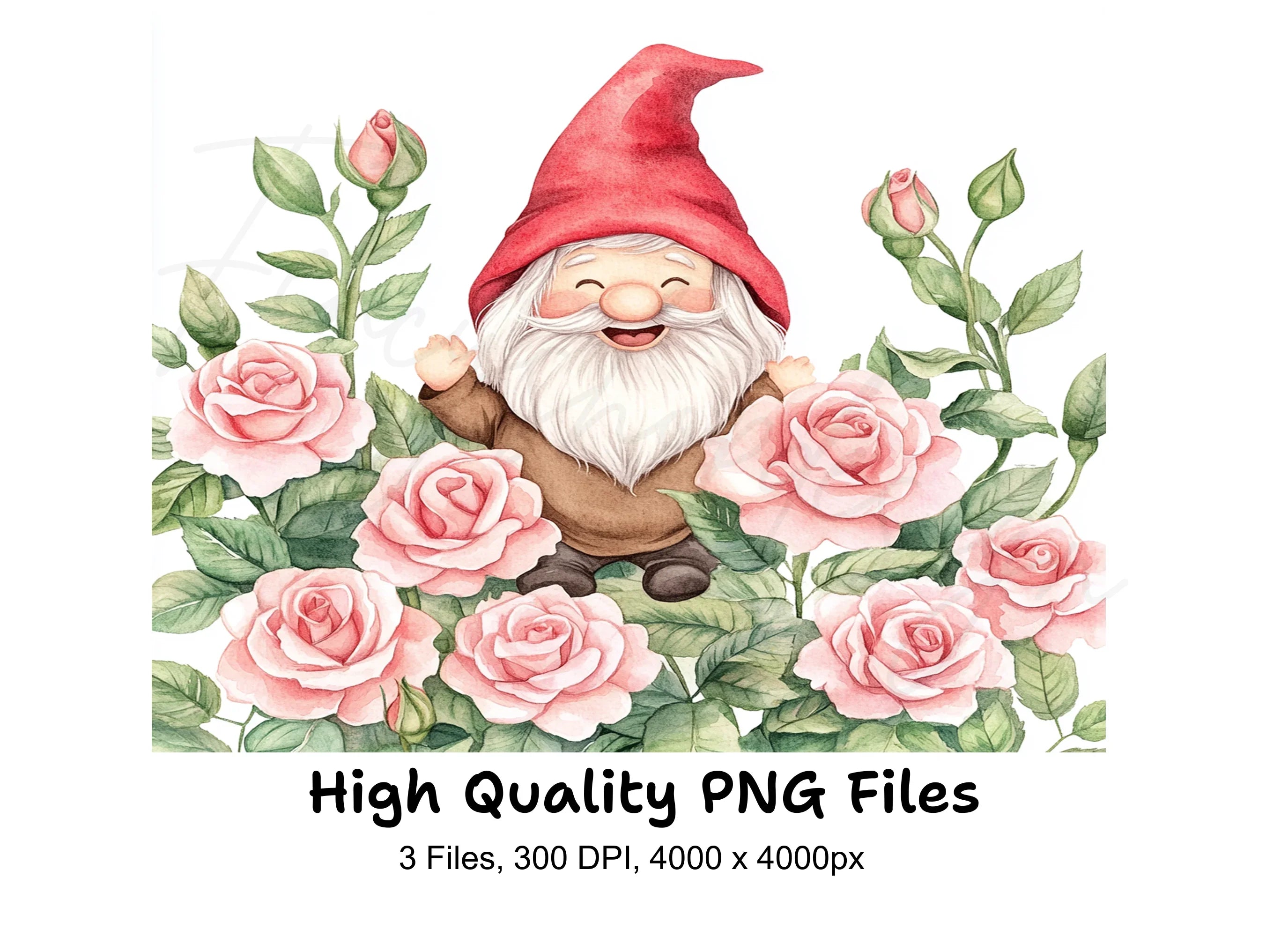 Happy Gnomes with Pink Roses Clipart Bundle