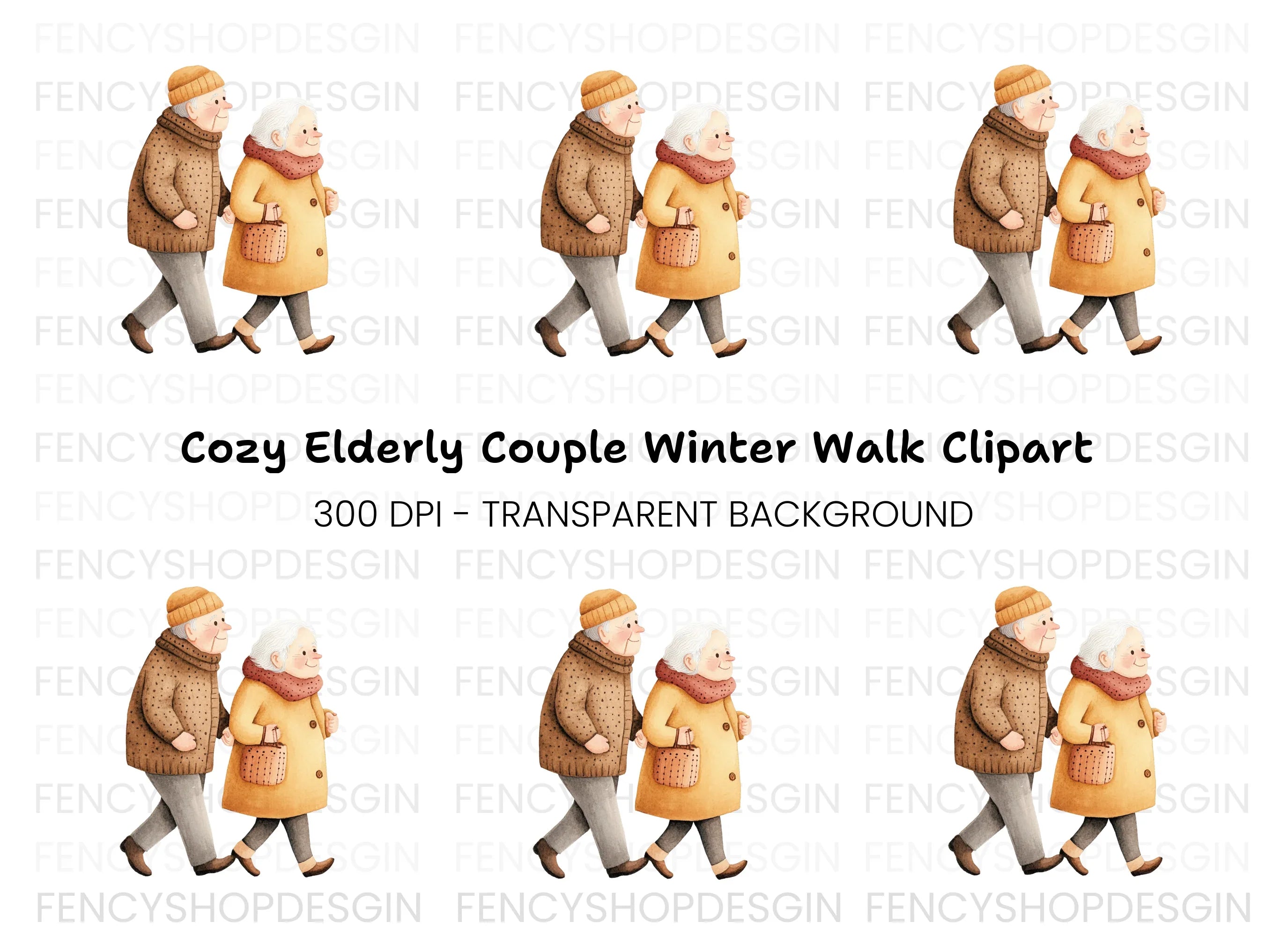 Elderly Couple Walking Clipart Bundle