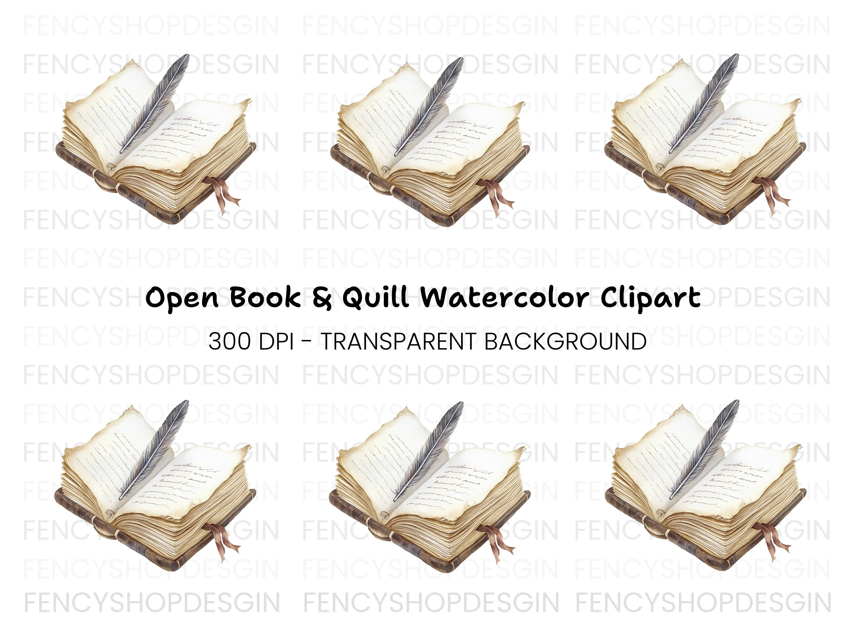 Vintage Open Book and Quill Clipart Bundle