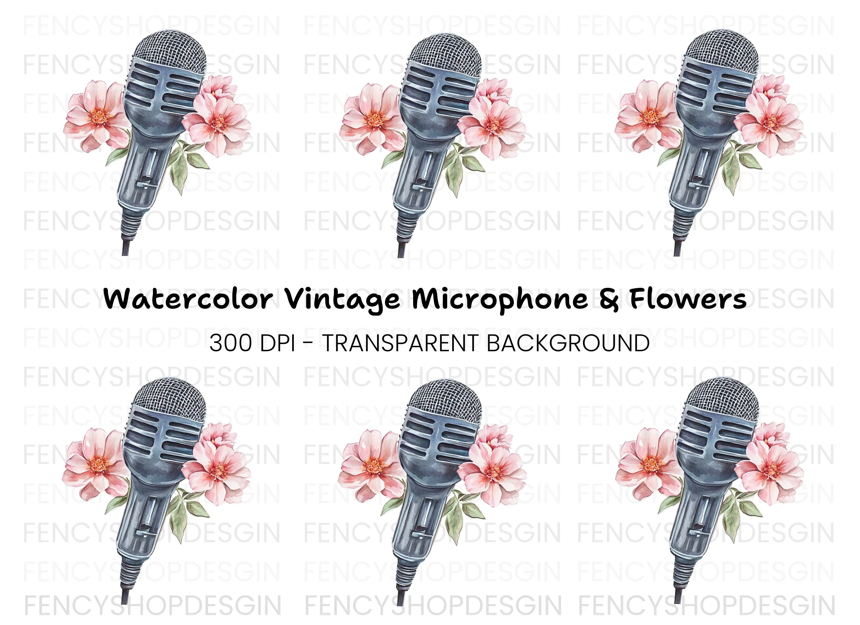 Vintage Microphone with Pink Flowers Clipart Bundle