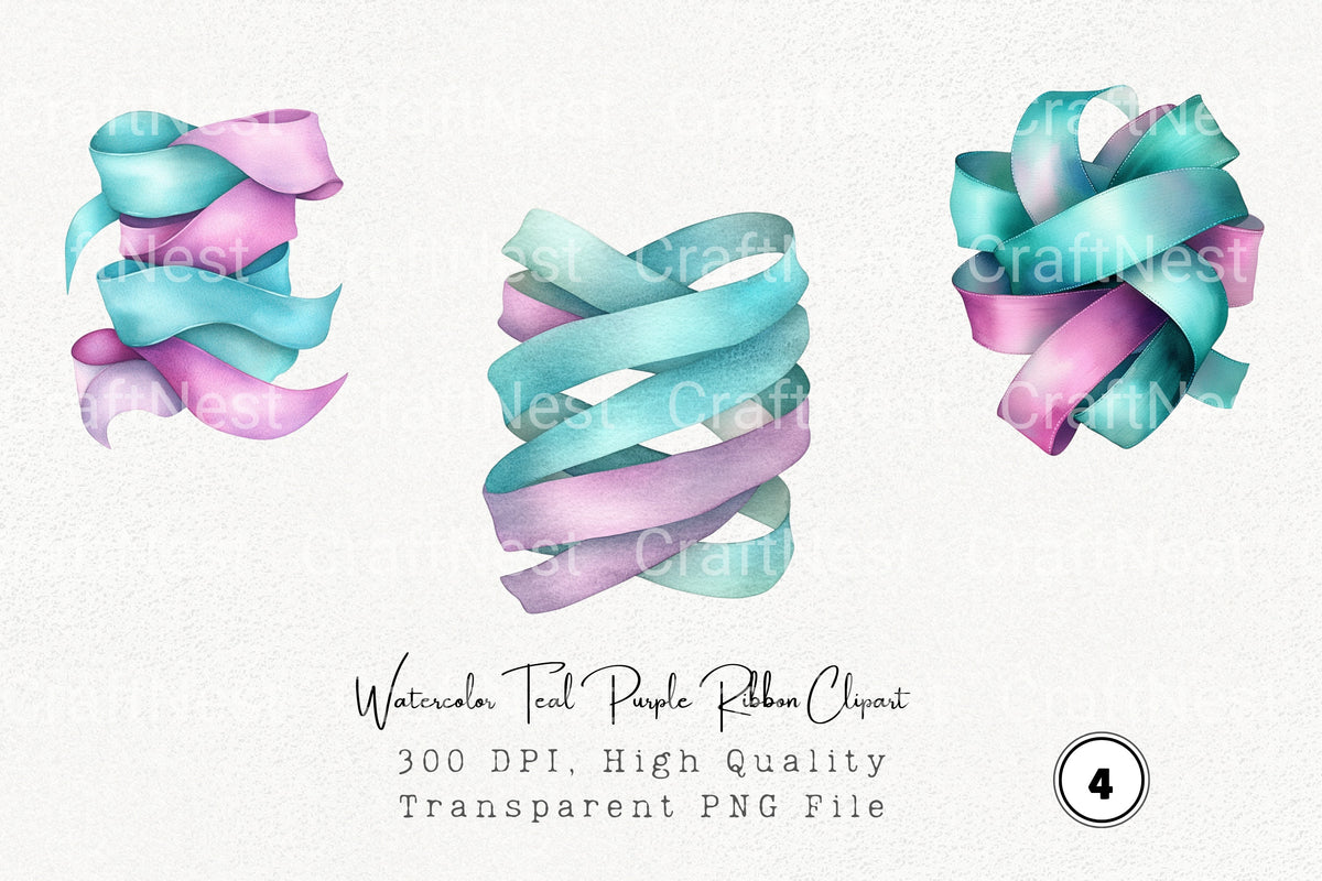 Teal Purple Ribbon Clipart Bundle