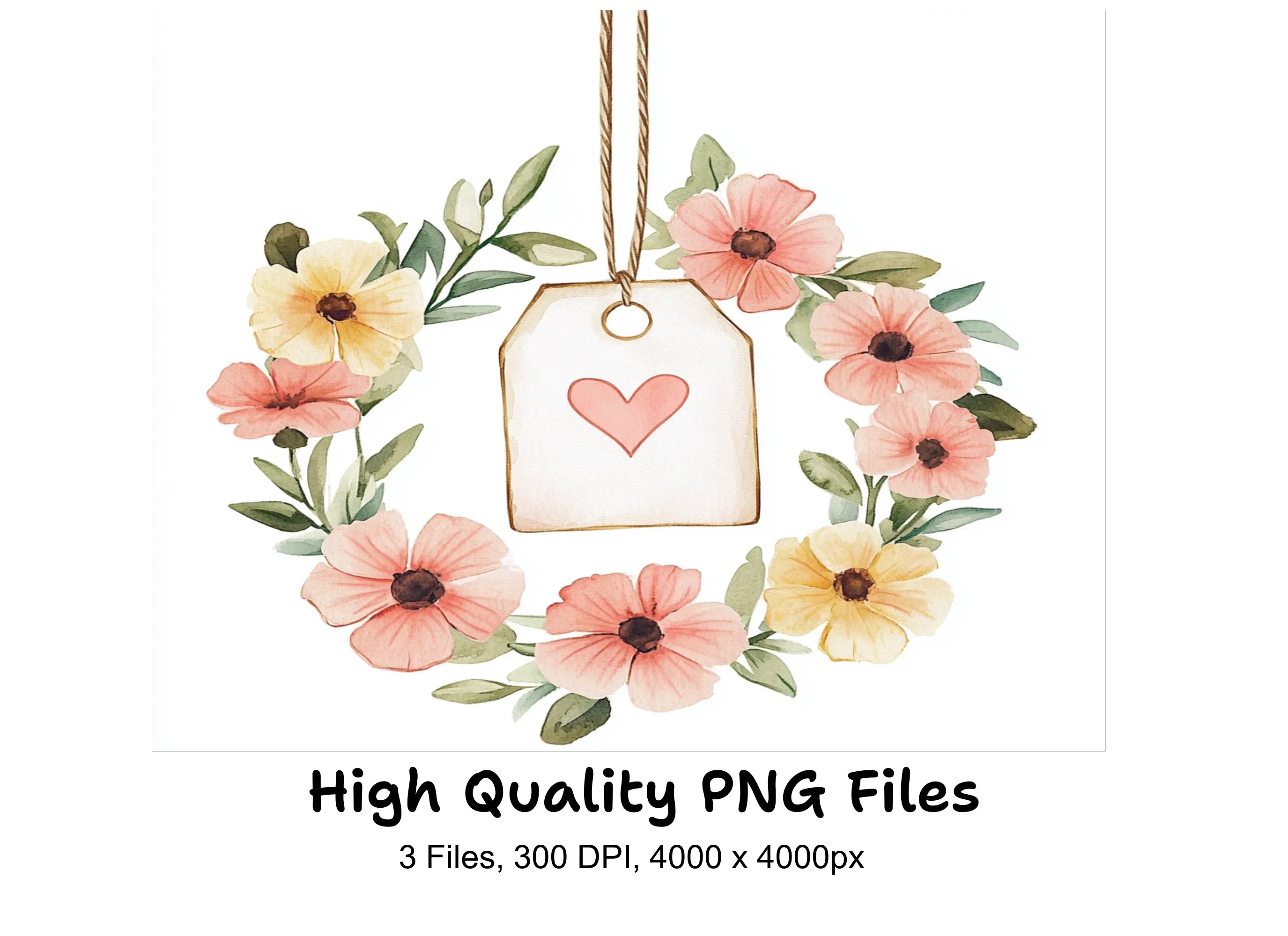 Floral Wreath Heart Tag Clipart Bundle