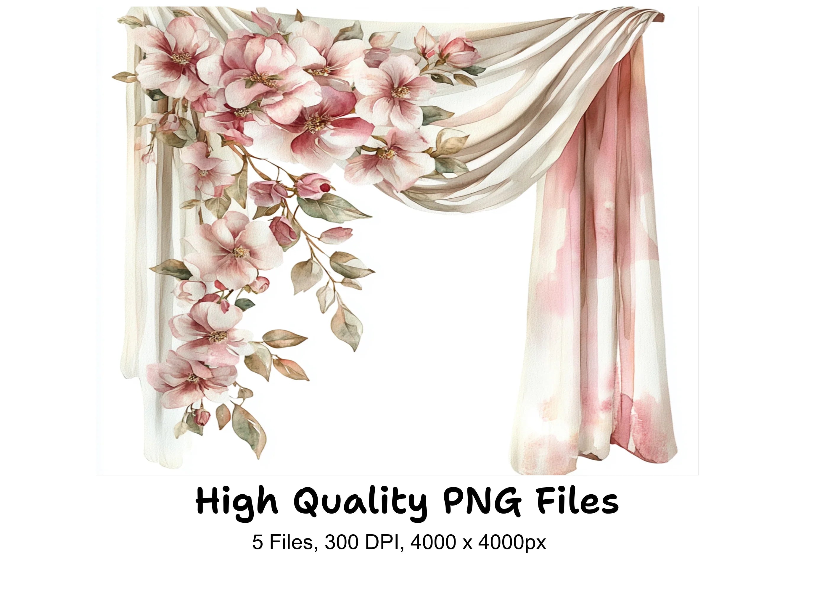 Pink Rose Magnolia Curtain Clipart Bundle