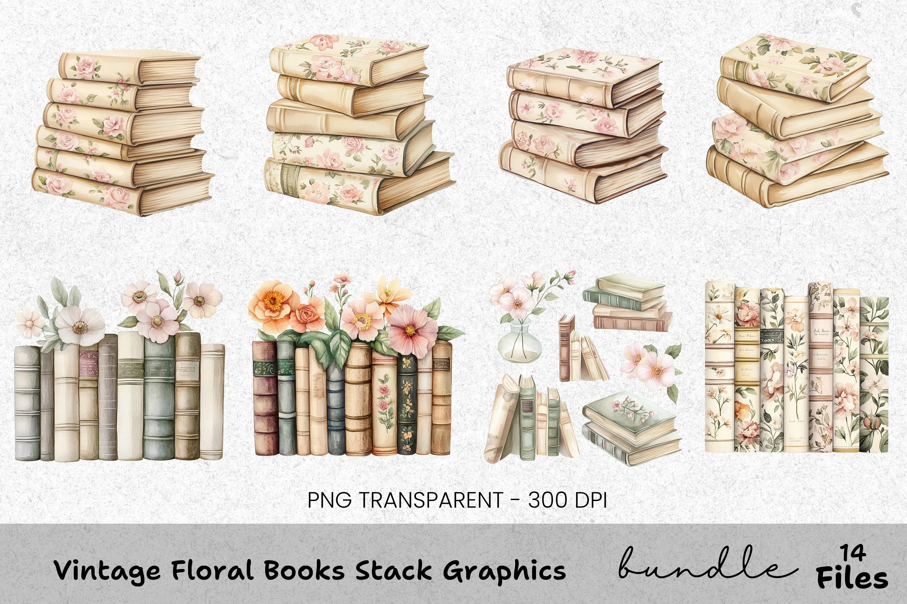 Vintage Floral Books Stack Clipart Bundle