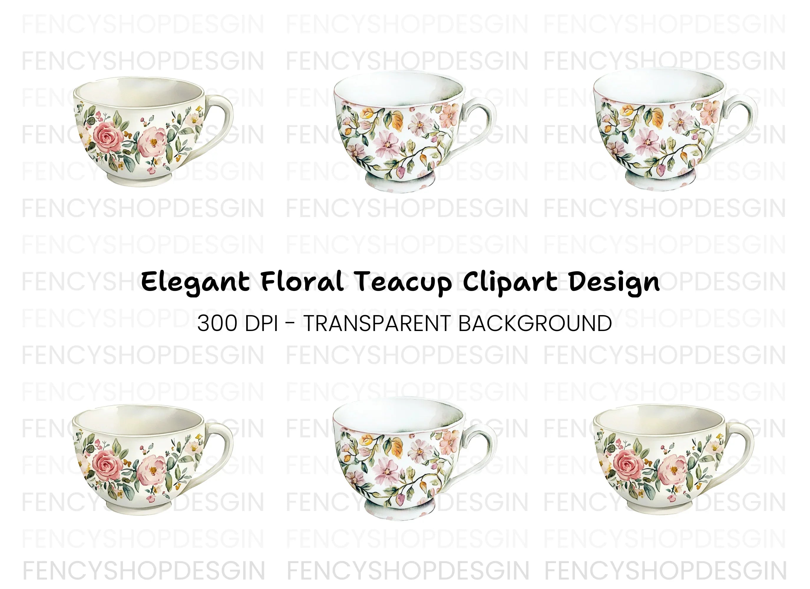 Elegant Floral Teacups Clipart Bundle