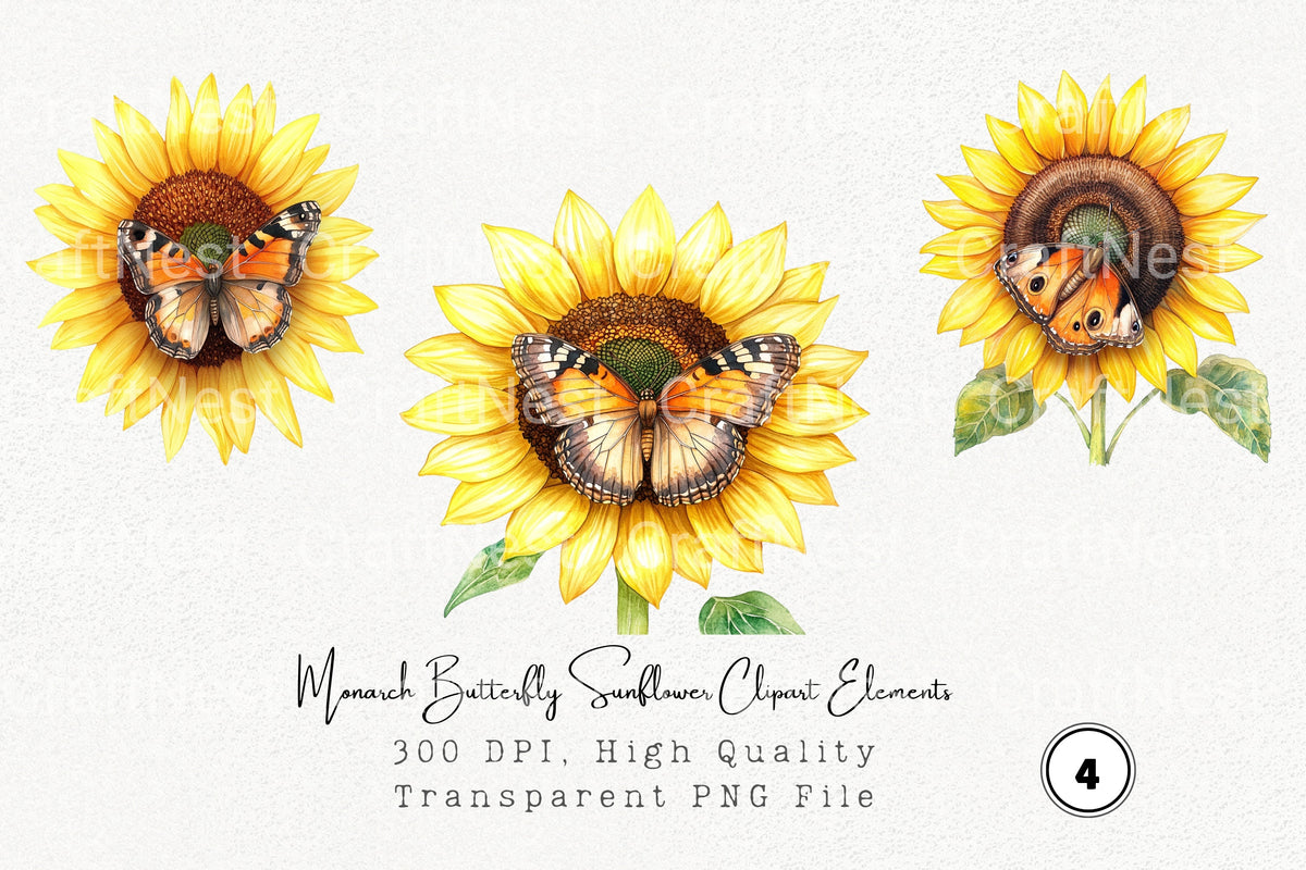Monarch Butterfly Sunflower Elements Clipart Bundle