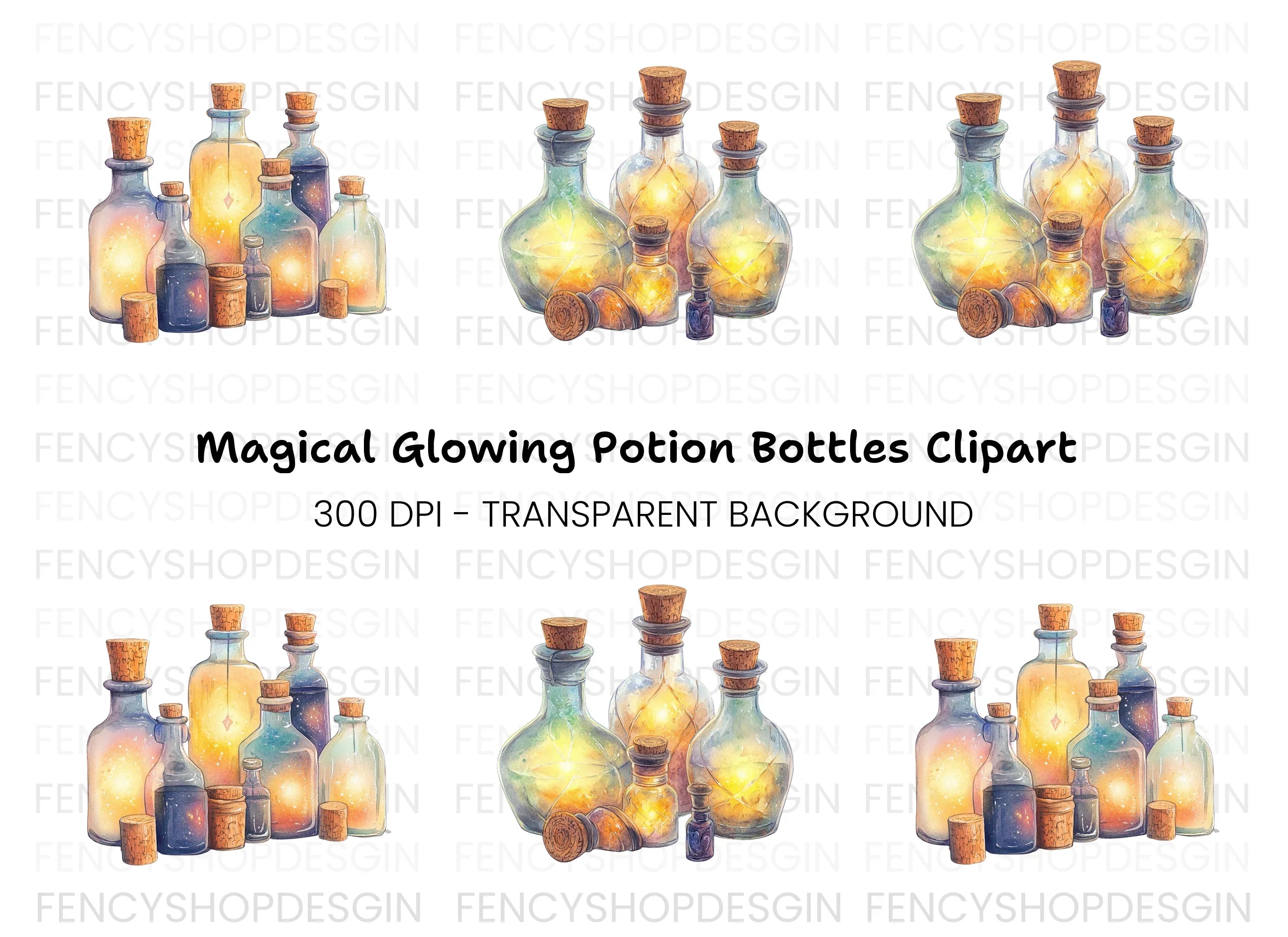 Magical Glowing Potion Bottles Clipart Bundle